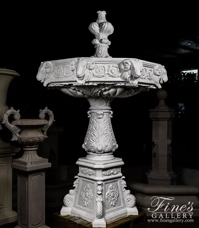 Ornate Italian Ram Head Themed Fountain in Statuary Marble