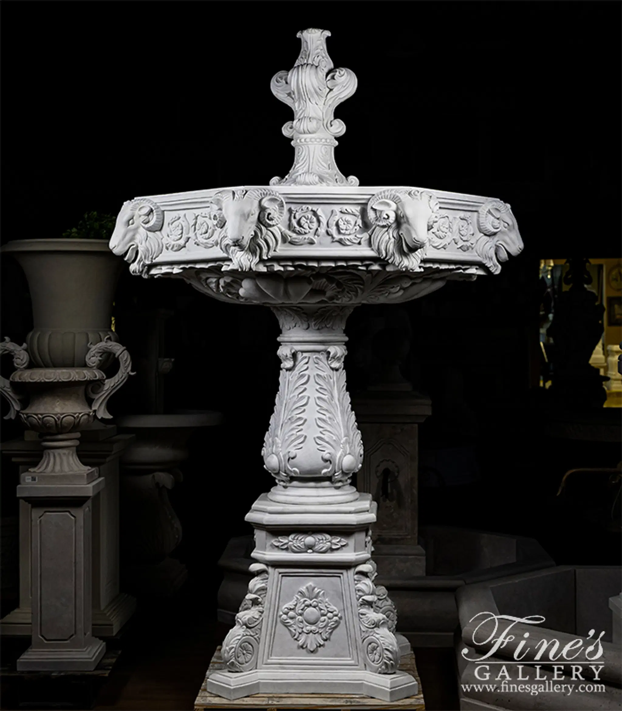 Ornate Italian Ram Head Themed Fountain in Statuary Marble — Model MF-2208 — detail view 1