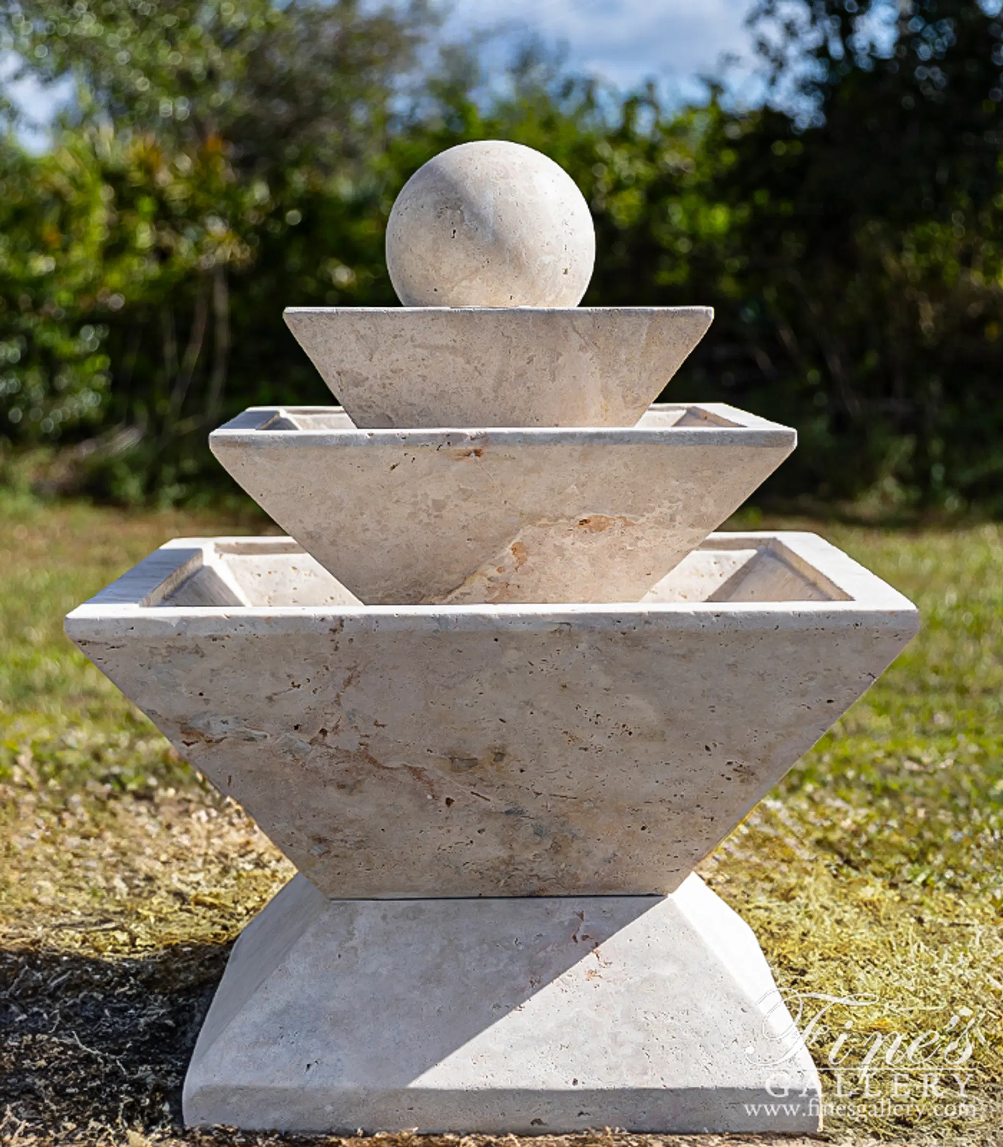 Contemporary Sphere Fountain in Light Travertine — Model MF-2231 — Hand-Crafted by Fine's Gallery