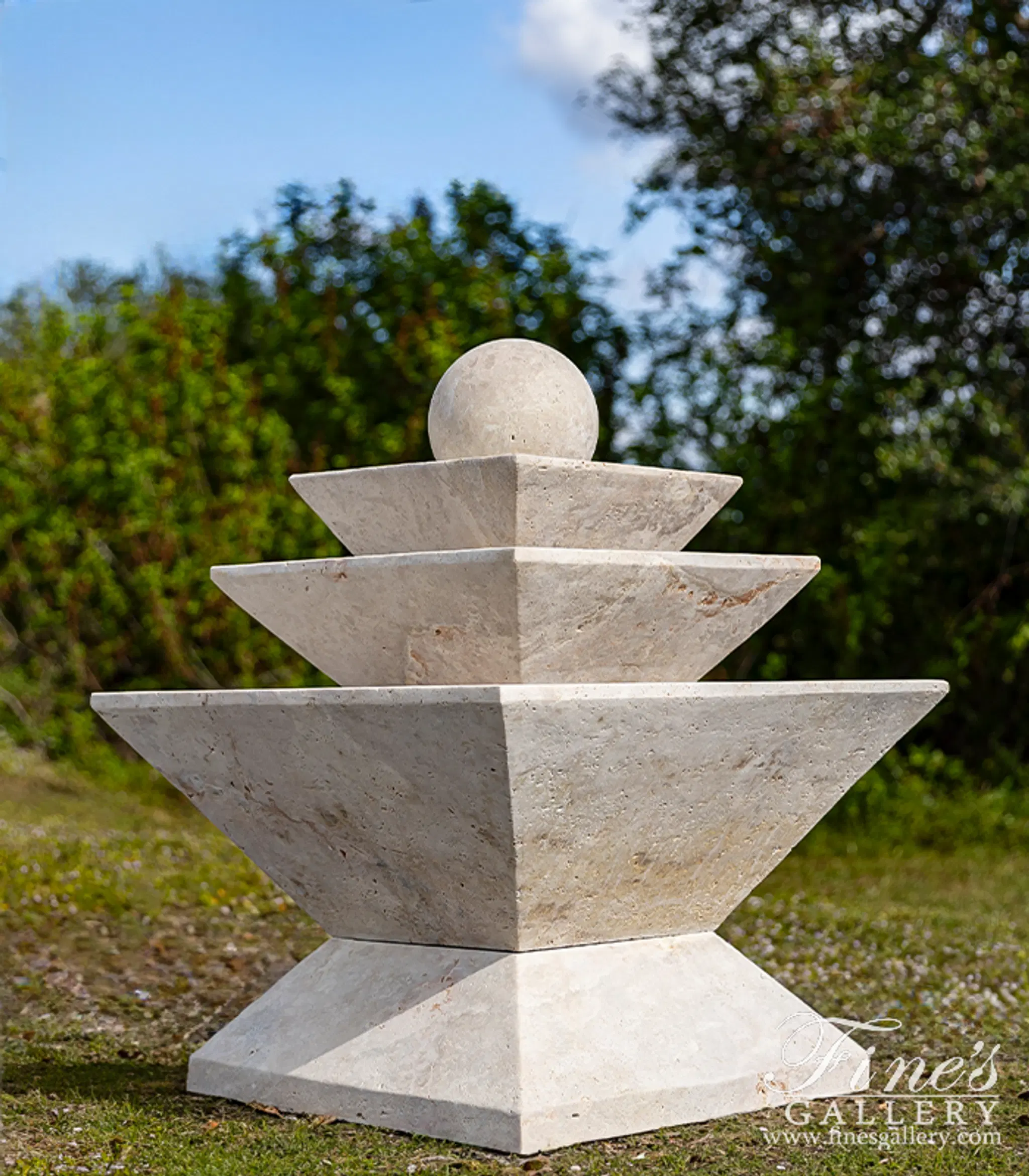Contemporary Sphere Fountain in Light Travertine — Model MF-2231 — Hand-Crafted by Fine's Gallery