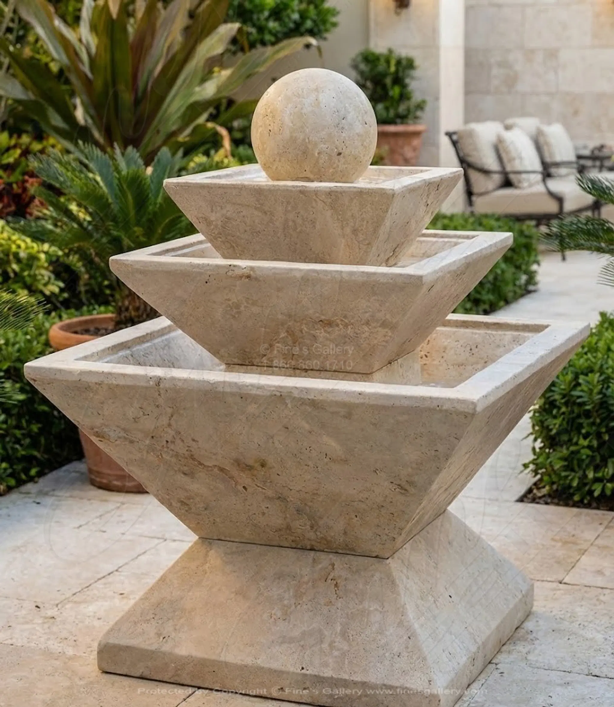 Contemporary Sphere Fountain in Light Travertine