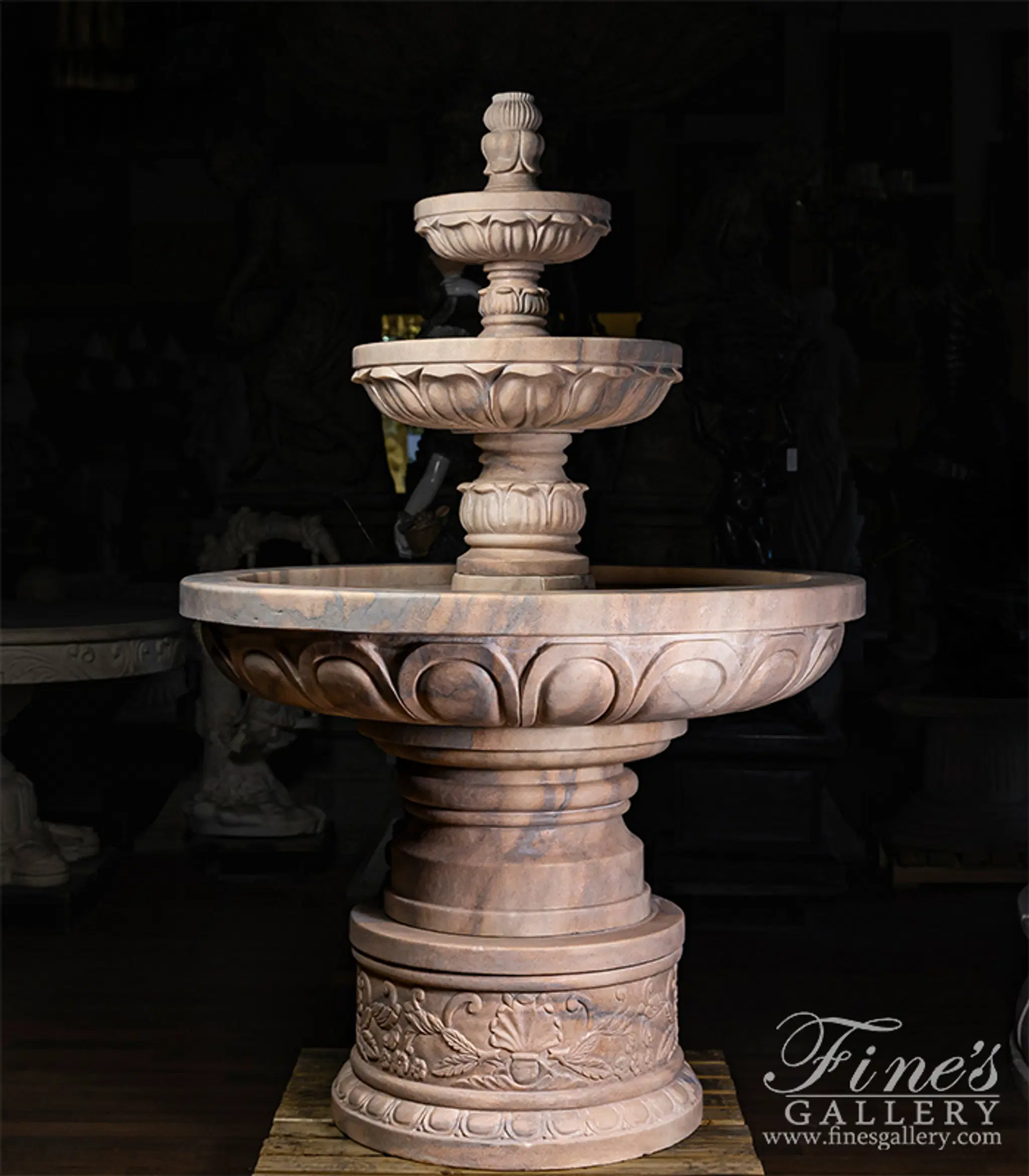 Charming Tiered Fountain with Ornate Scrollwork in Rosetta Marble