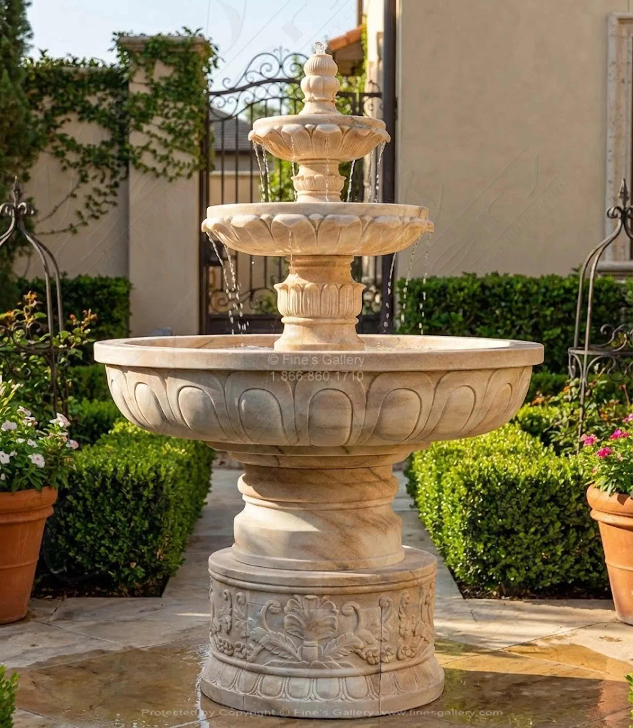 Charming Tiered Fountain with Ornate Scrollwork in Rosetta Marble