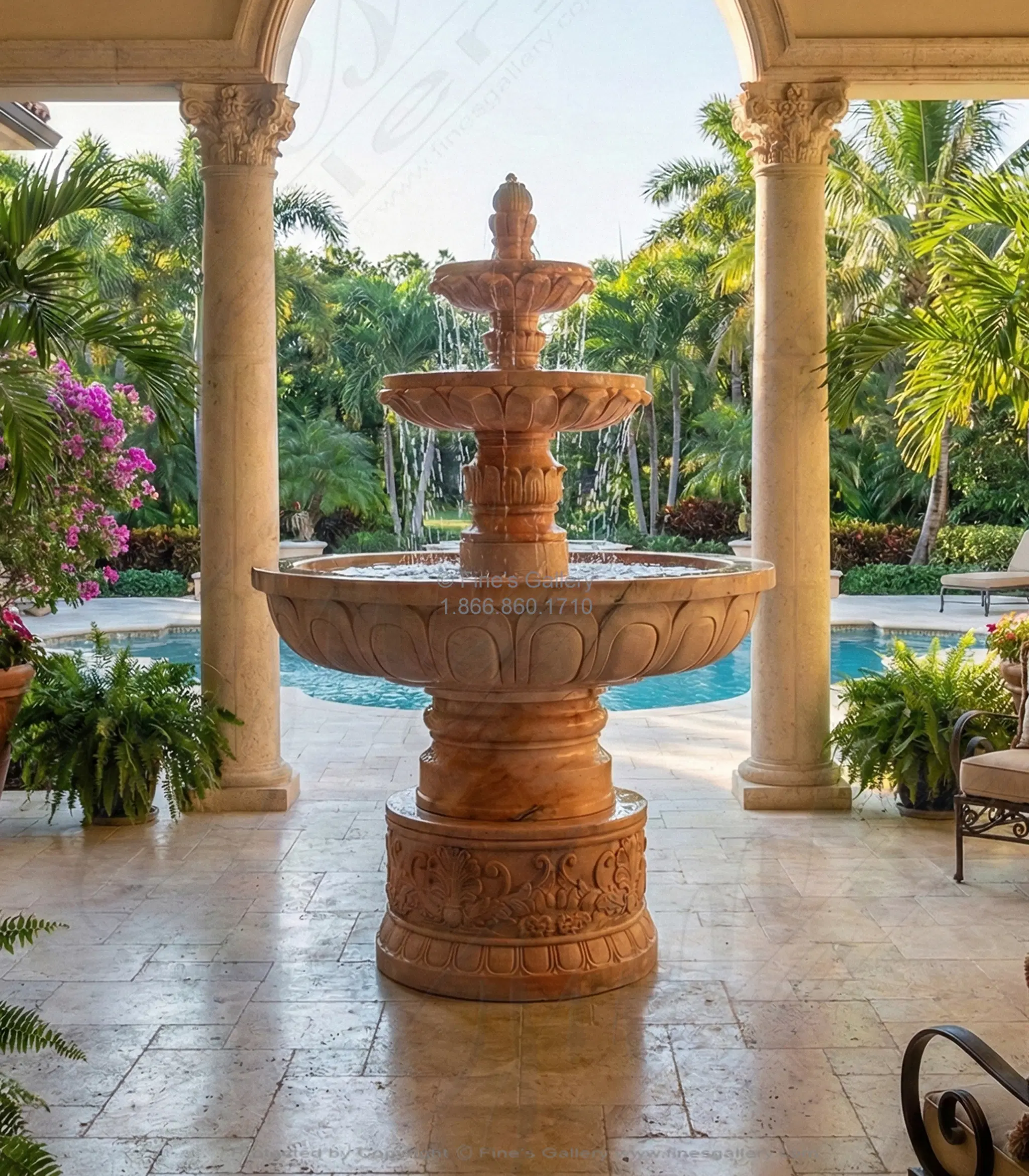 Charming Tiered Fountain with Ornate Scrollwork in Rosetta Marble