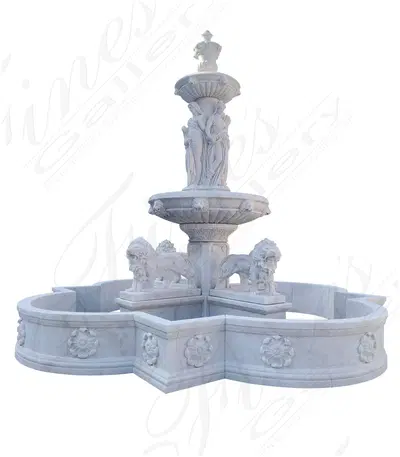 Monumental Italian Fountain in Statuary Marble Featuring carved Figural Ladies and Lions