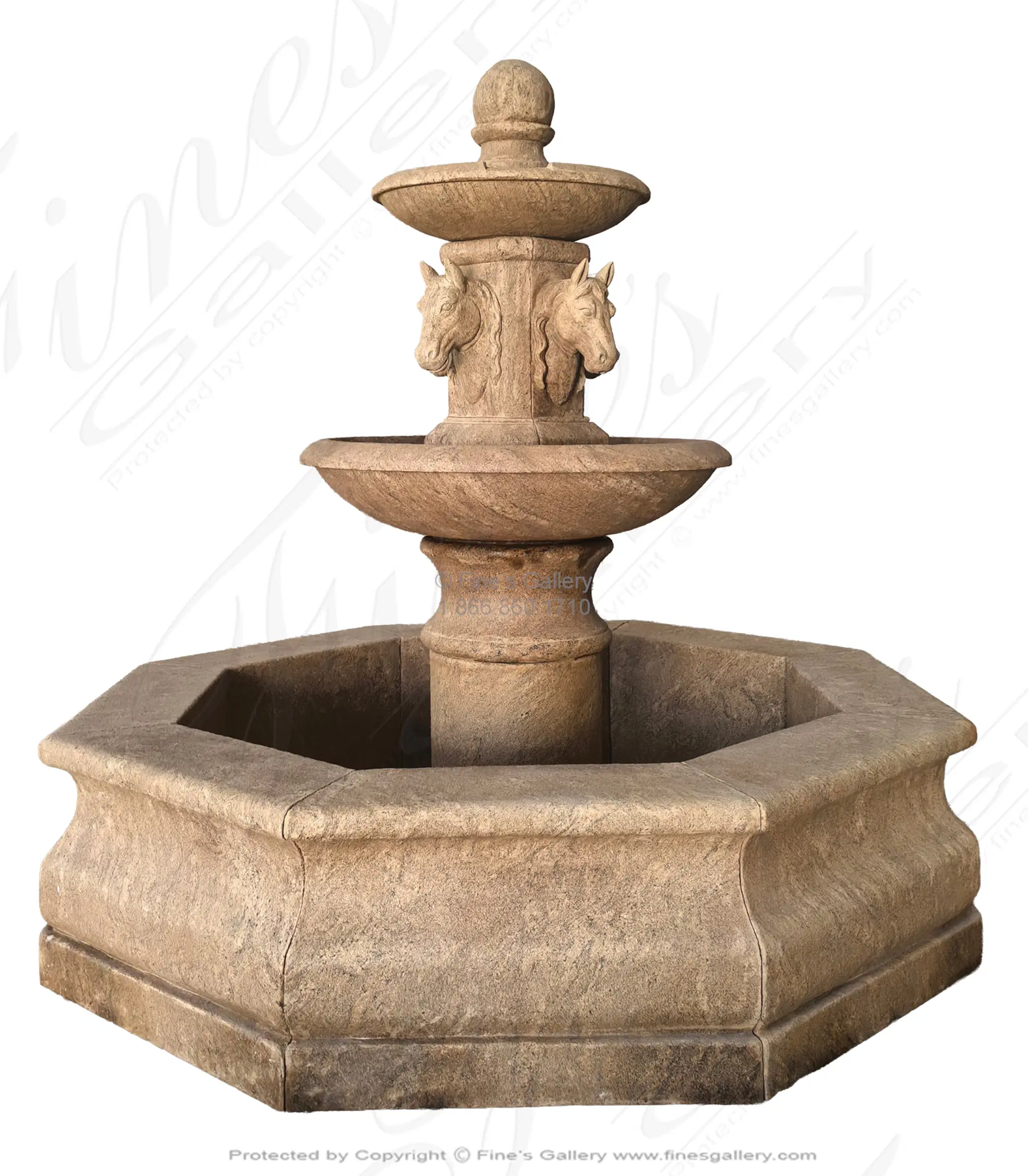 Octagonal Horse Head Themed fountain in Aged Granite — Model MF-2451 — Hand-Crafted by Fine's Gallery