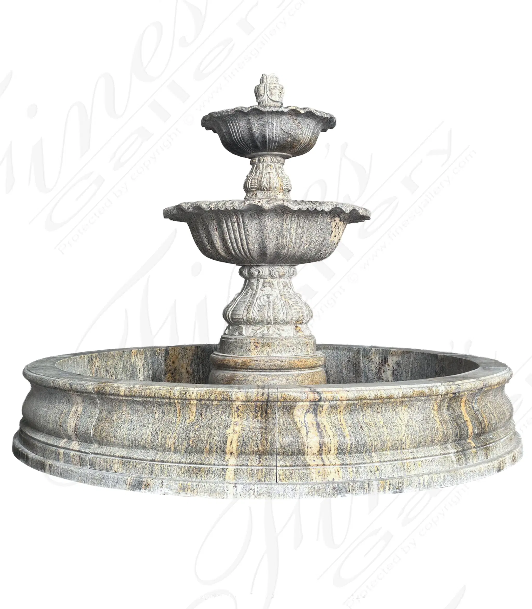 Two Tier Fountain in Antique Griggio Granite - 96" x 96" x 70" — Model MF-2460 — Hand-Crafted by Fine's Gallery