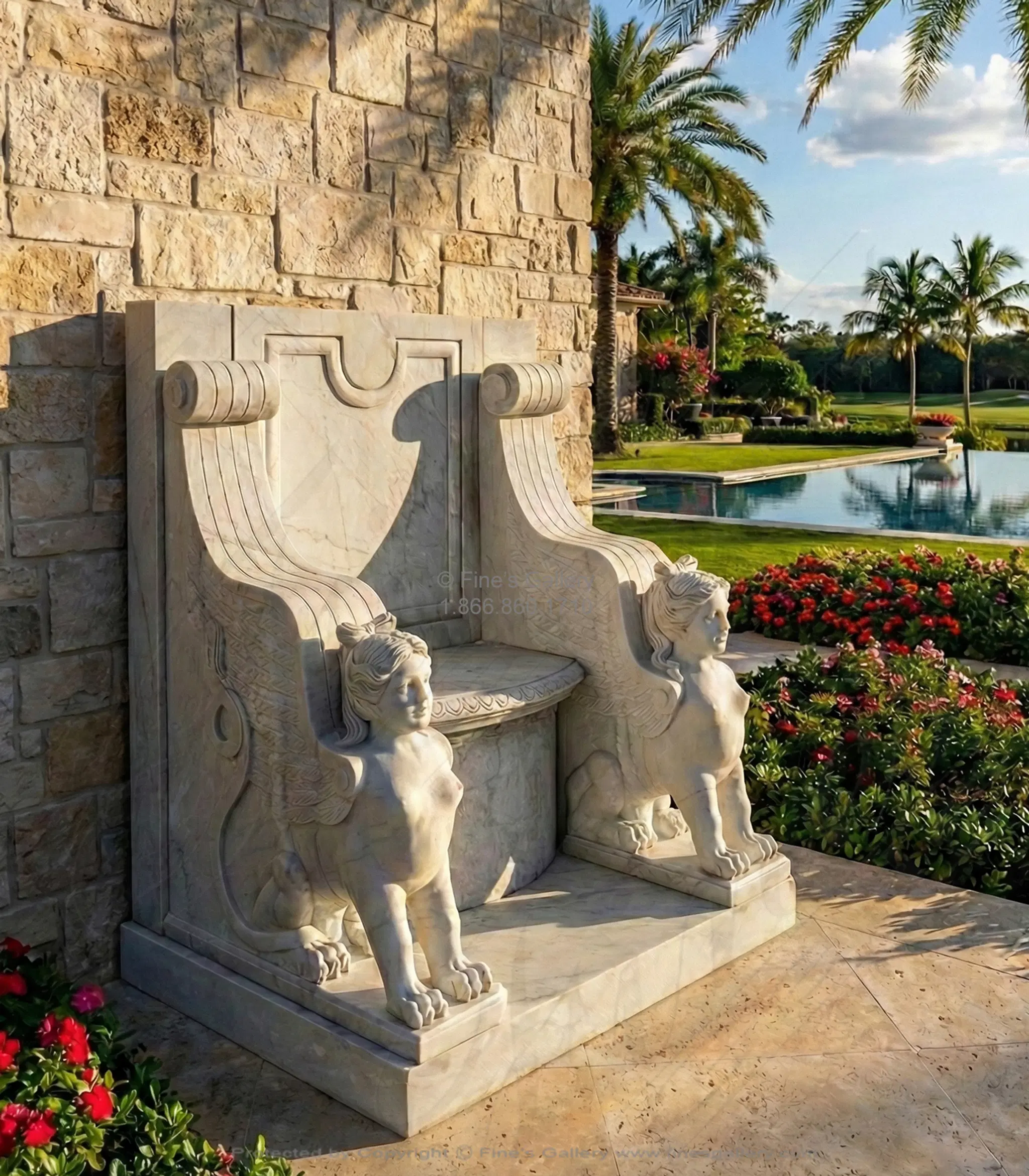 Vintage Carrara Sphinx Marble Bench