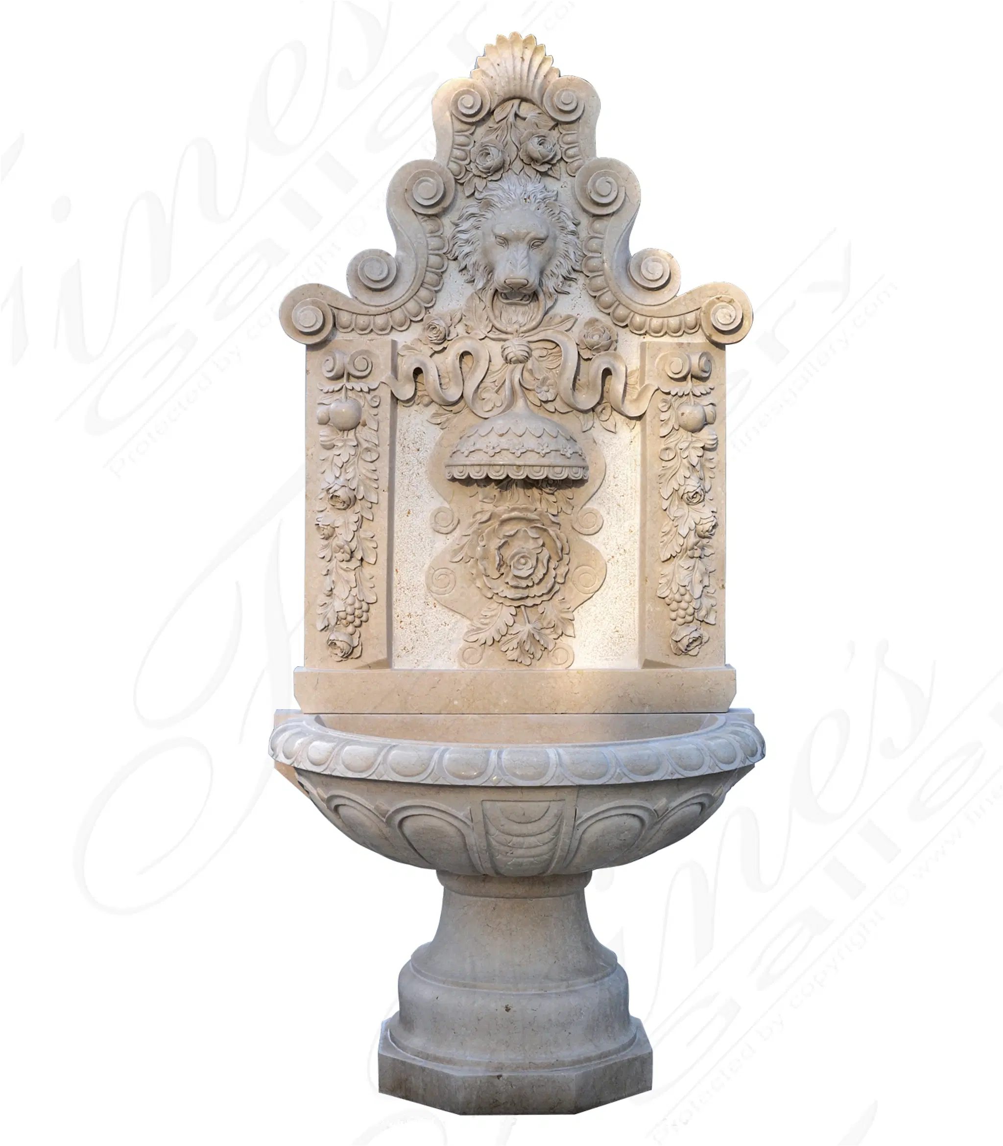 Majestic Flora Lionhead Marble Wall Fountain — Model MF-440 — Hand-Crafted by Fine's Gallery