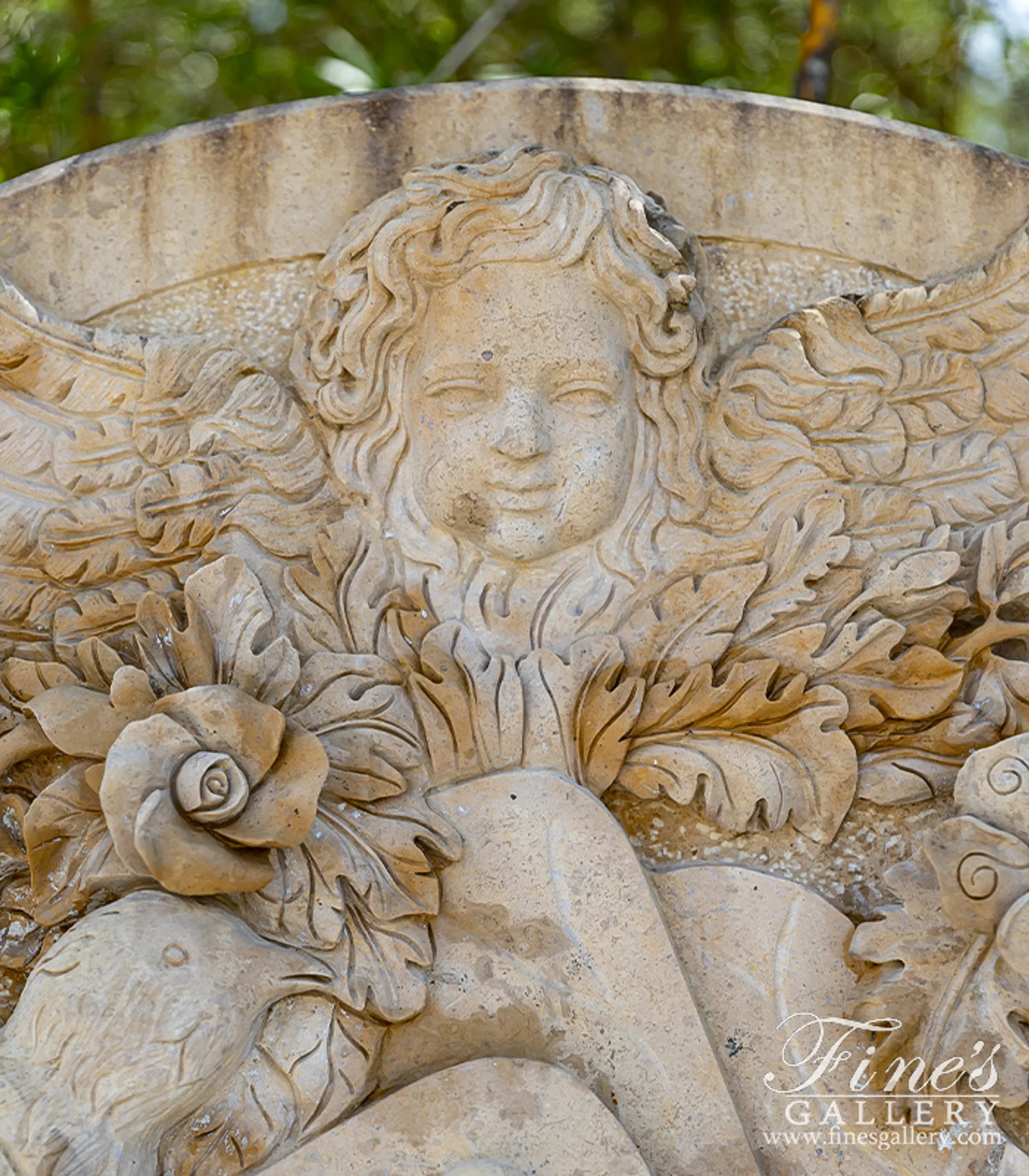 Cherub, Floral and Vine Relief Style Wall Fountain in Miele Verona Limestone — Model MF-791 — detail view 1