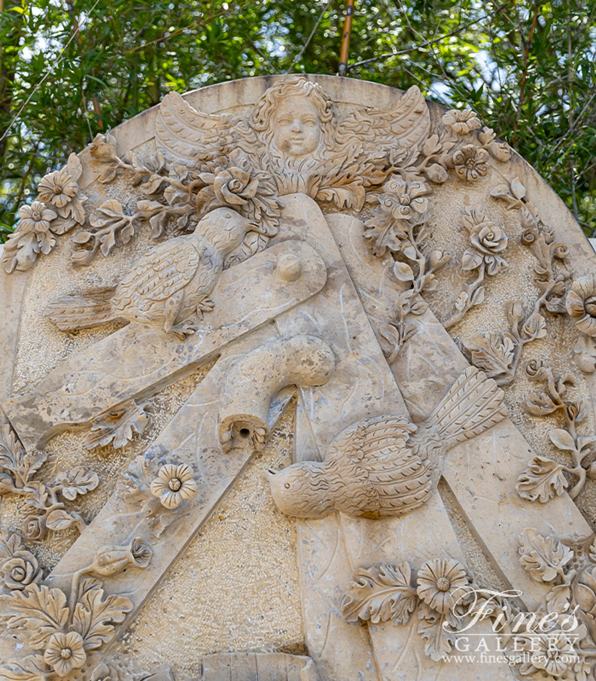 Cherub, Floral and Vine Relief Style Wall Fountain in Miele Verona Limestone — Model MF-791 — detail view 2