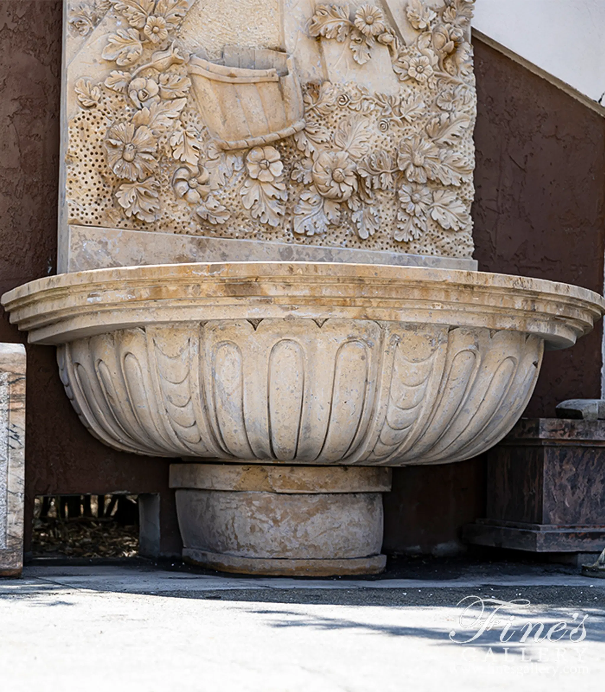Cherub, Floral and Vine Relief Style Wall Fountain in Miele Verona Limestone — Model MF-791 — detail view 3