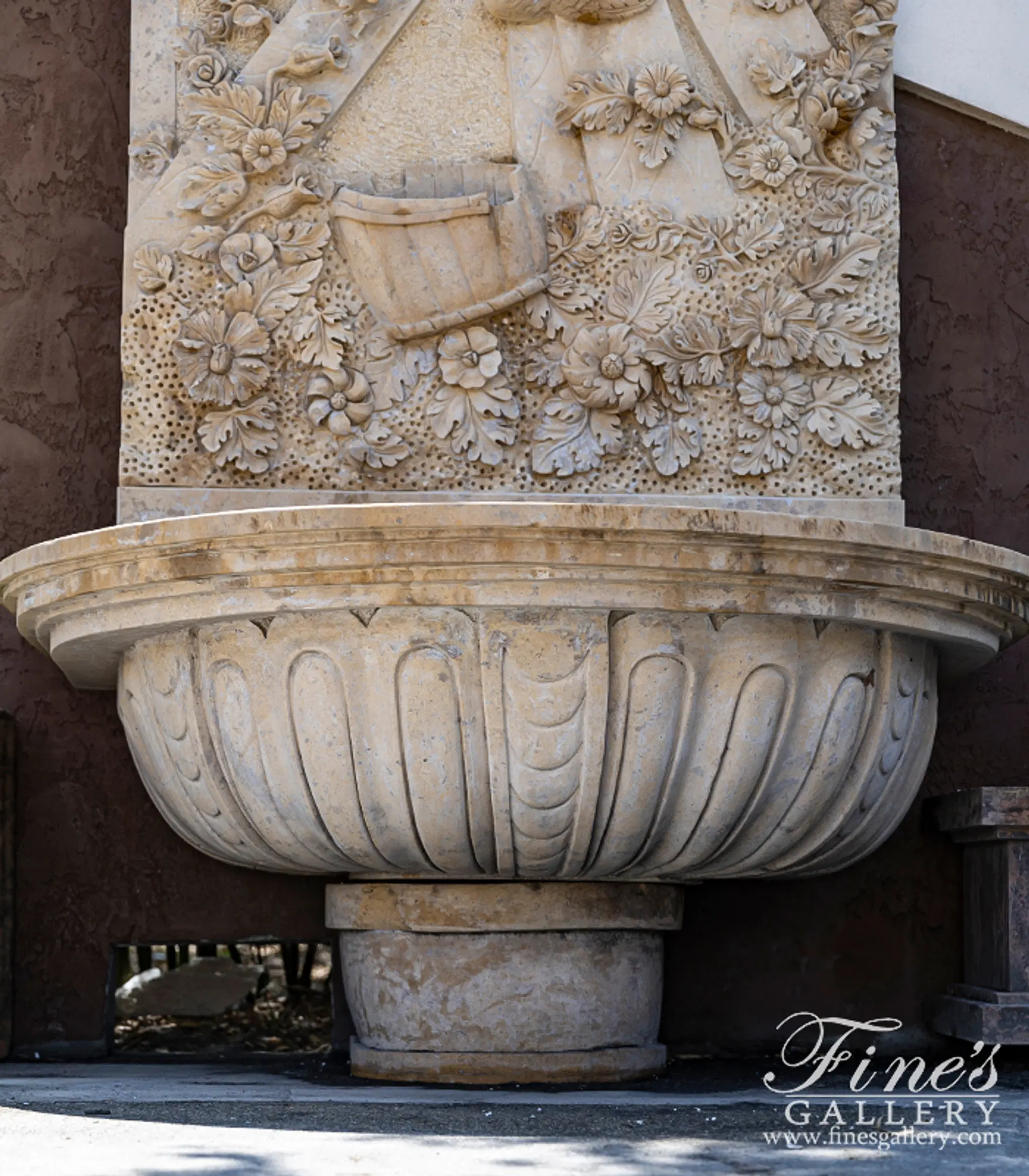 Cherub, Floral and Vine Relief Style Wall Fountain in Miele Verona Limestone — Model MF-791 — detail view 4