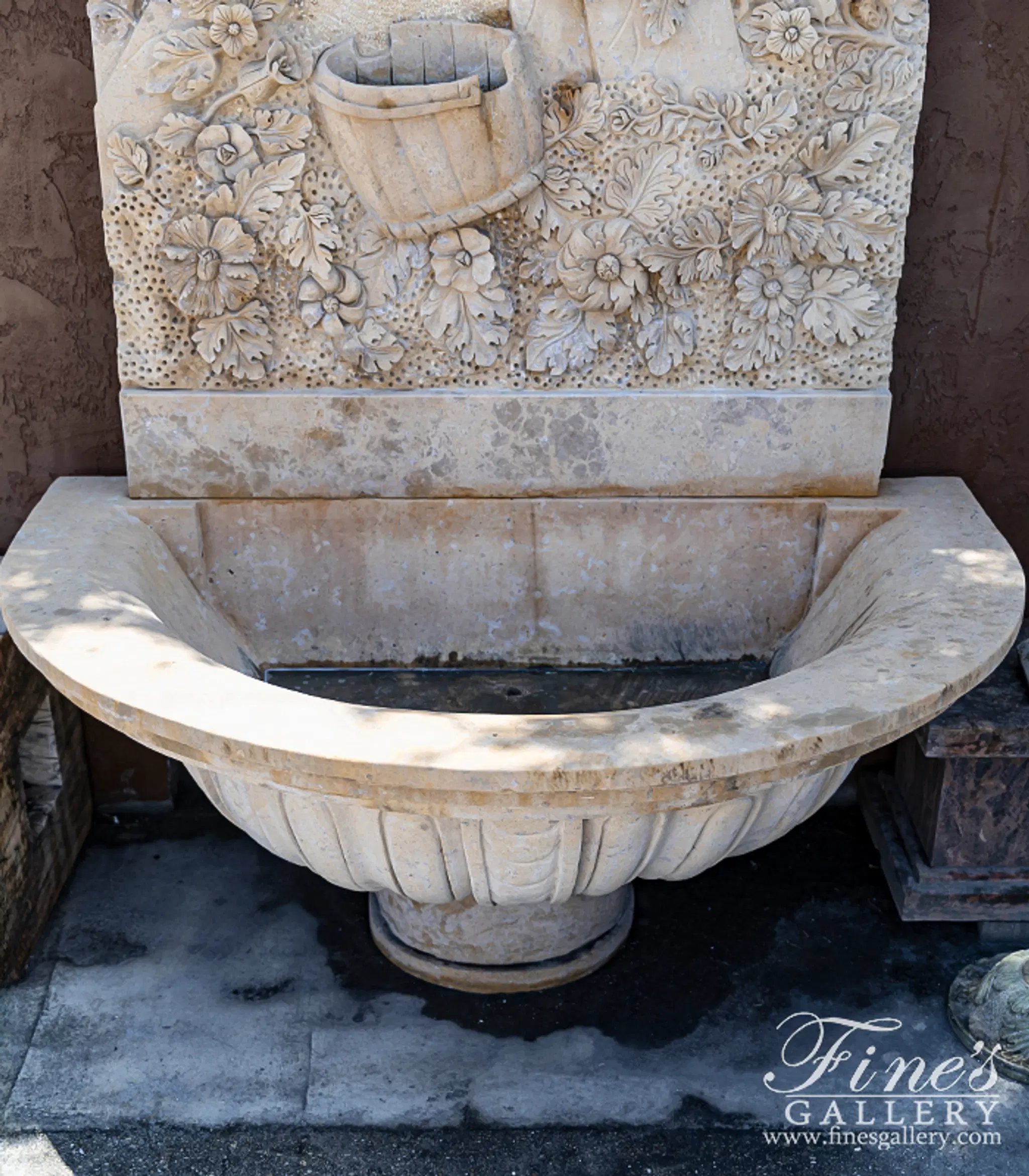 Cherub, Floral and Vine Relief Style Wall Fountain in Miele Verona Limestone — Model MF-791 — detail view 5