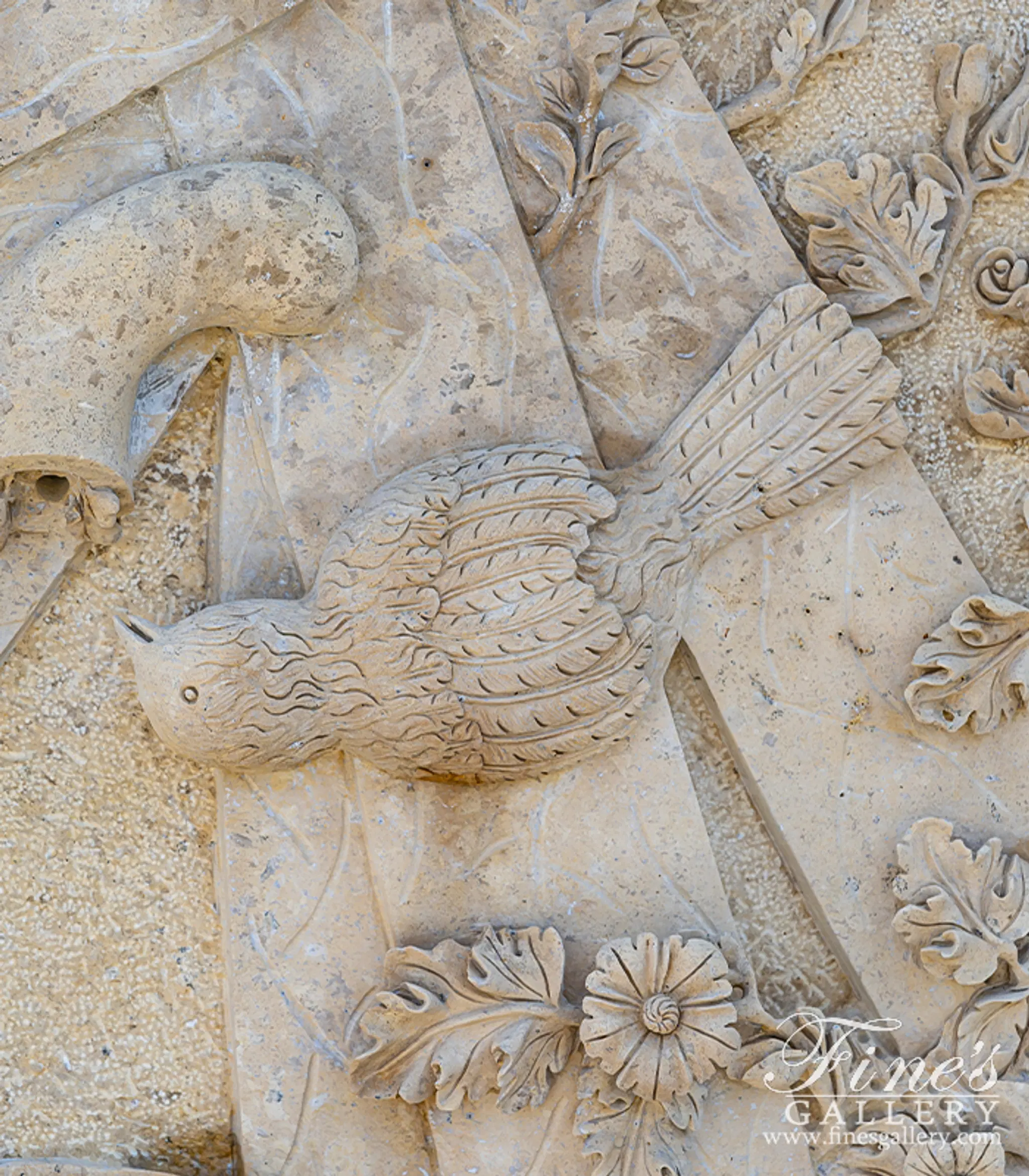 Cherub, Floral and Vine Relief Style Wall Fountain in Miele Verona Limestone — Model MF-791 — detail view 6