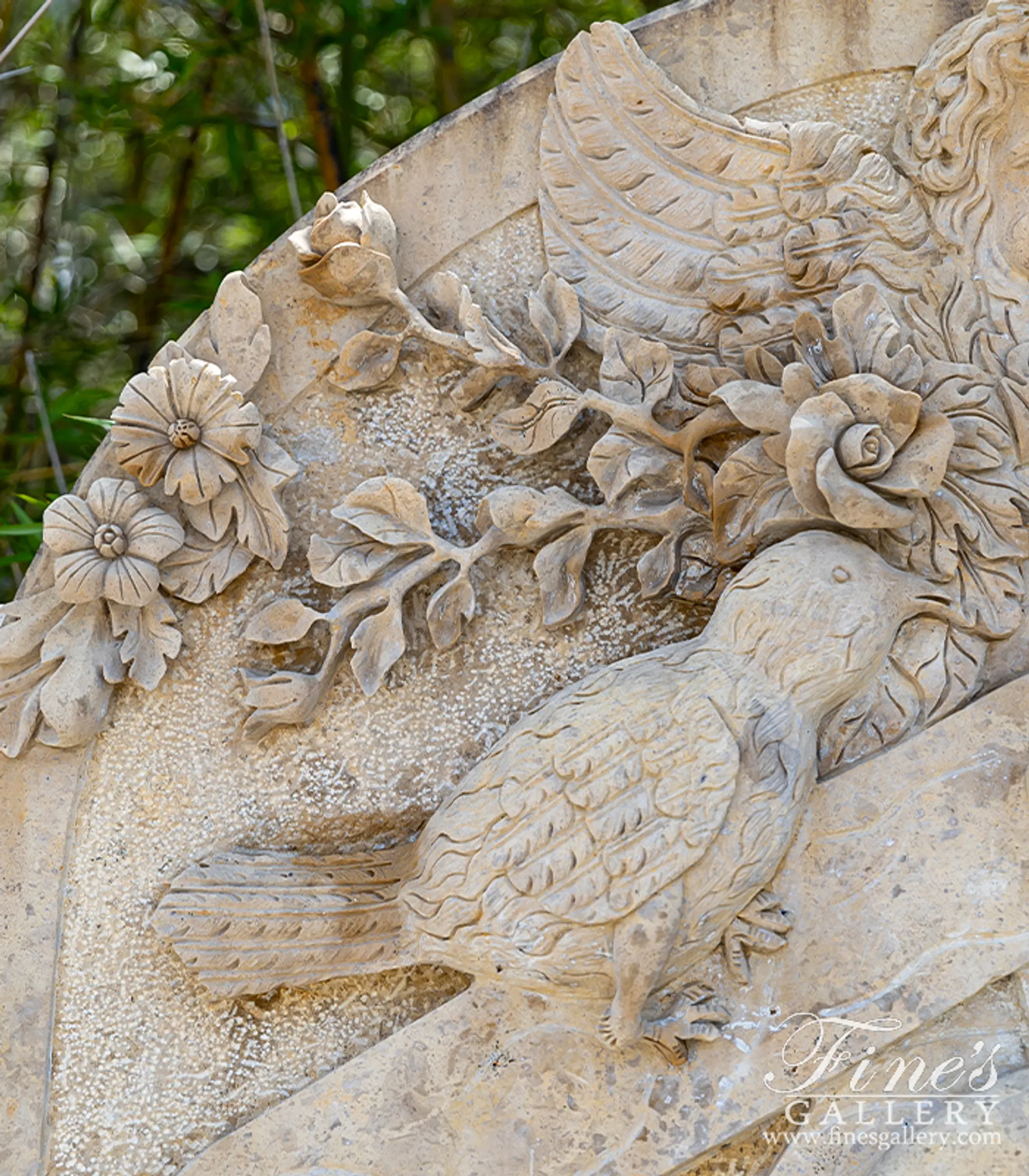 Cherub, Floral and Vine Relief Style Wall Fountain in Miele Verona Limestone — Model MF-791 — detail view 7