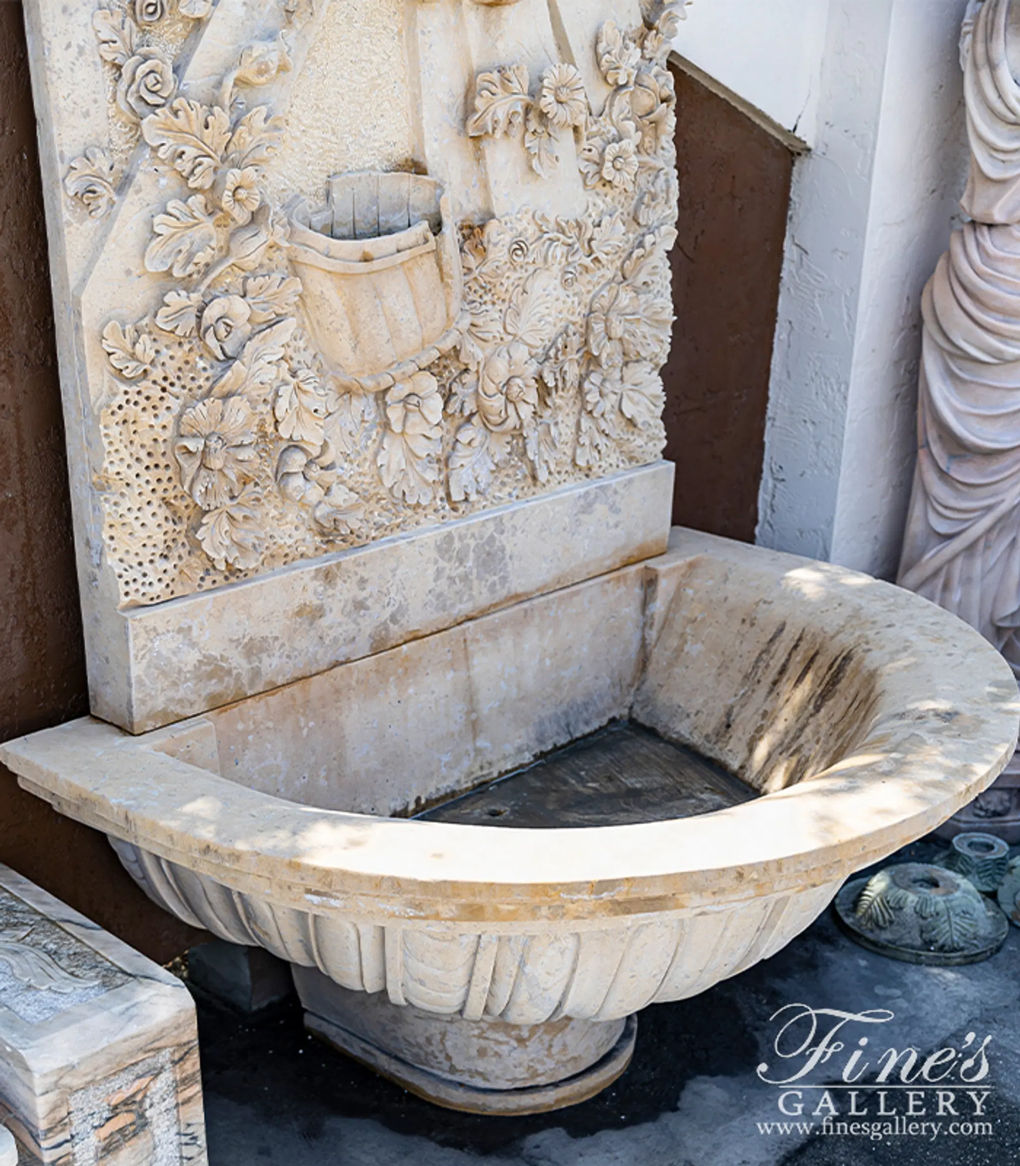 Cherub, Floral and Vine Relief Style Wall Fountain in Miele Verona Limestone — Model MF-791 — detail view 8