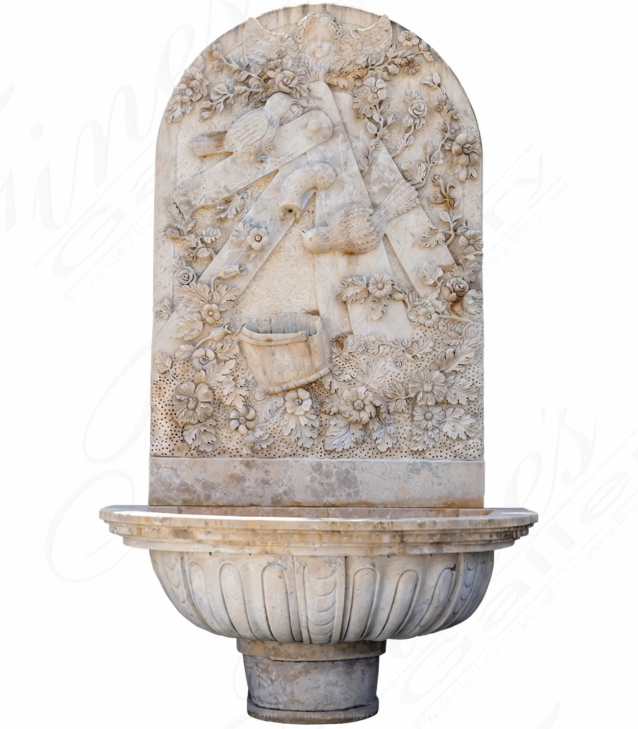Cherub, Floral and Vine Relief Style Wall Fountain in Miele Verona Limestone — Model MF-791 — Hand-Crafted by Fine's Gallery