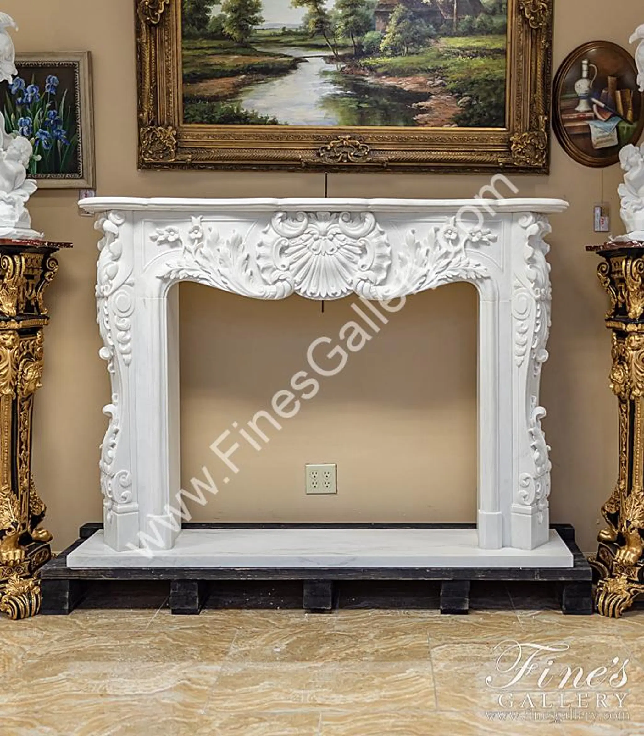 Statuary White Marble Fireplace Mantels are In-Stock at Fine's Gallery of Bonita Springs, Florida