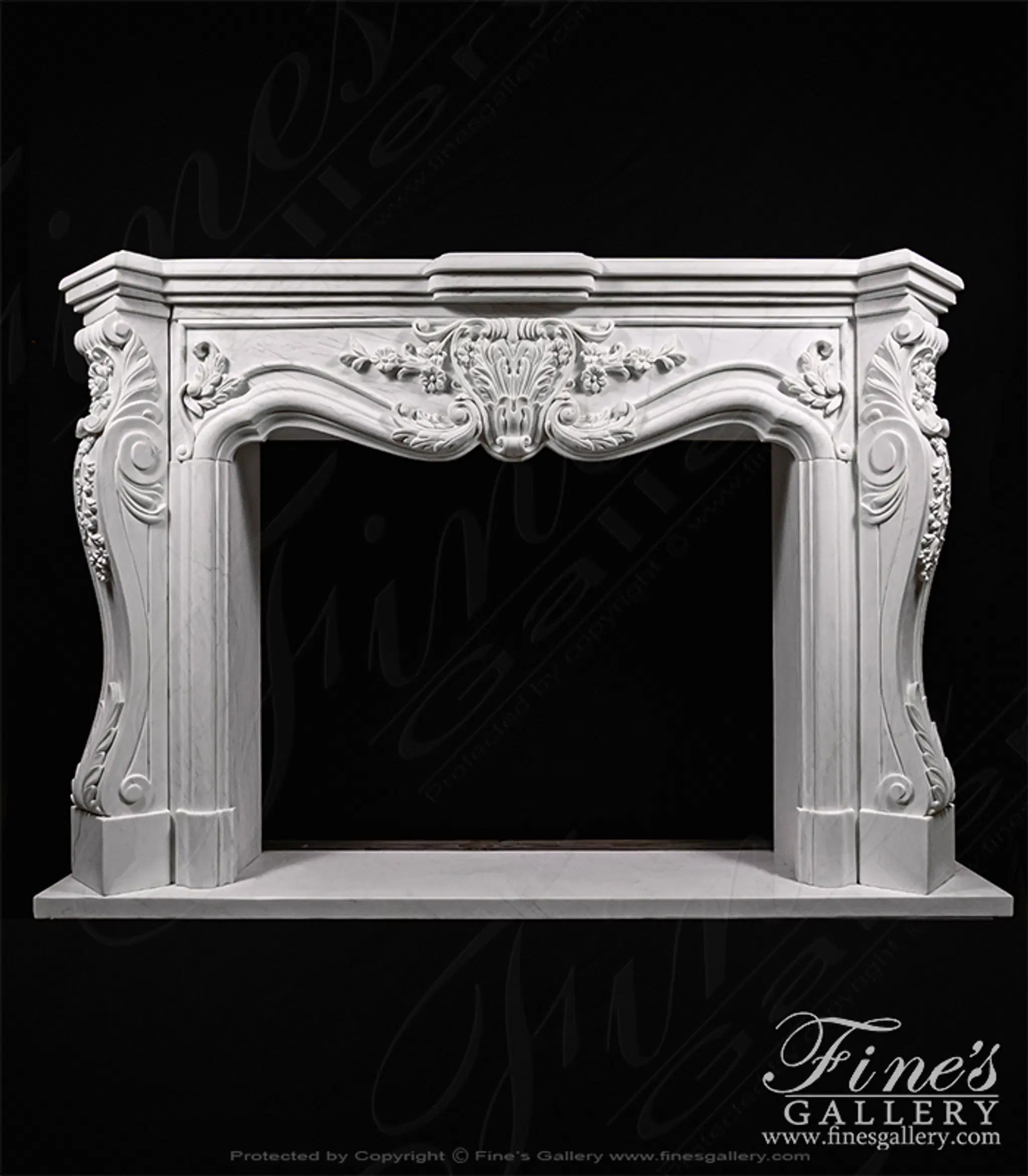 Ornate Floral Fireplace Mantel In Statuary White Marble — Model MFP-1140 — Hand-Crafted by Fine's Gallery