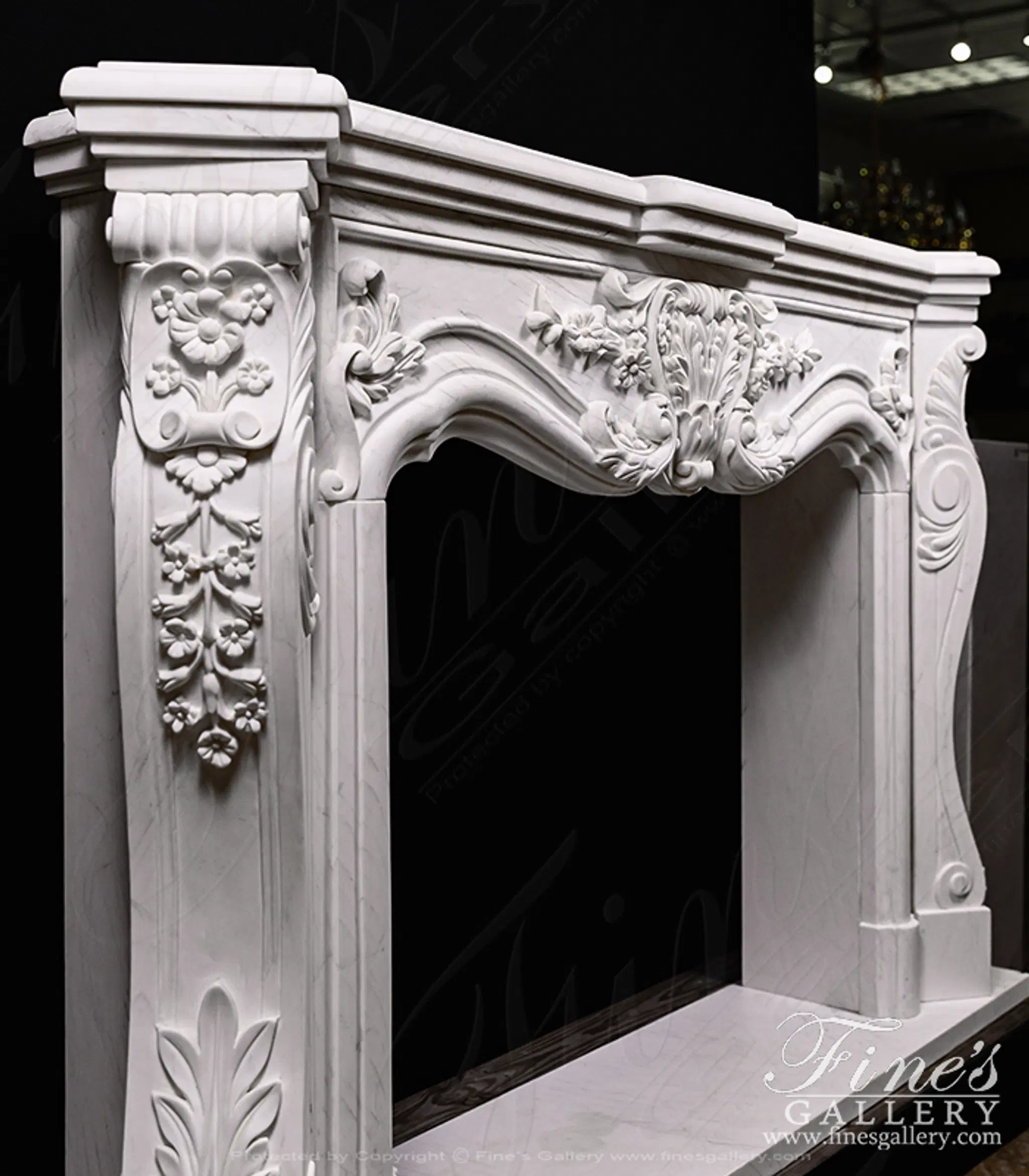 Ornate Floral Fireplace Mantel In Statuary White Marble — Model MFP-1140 — detail view 5