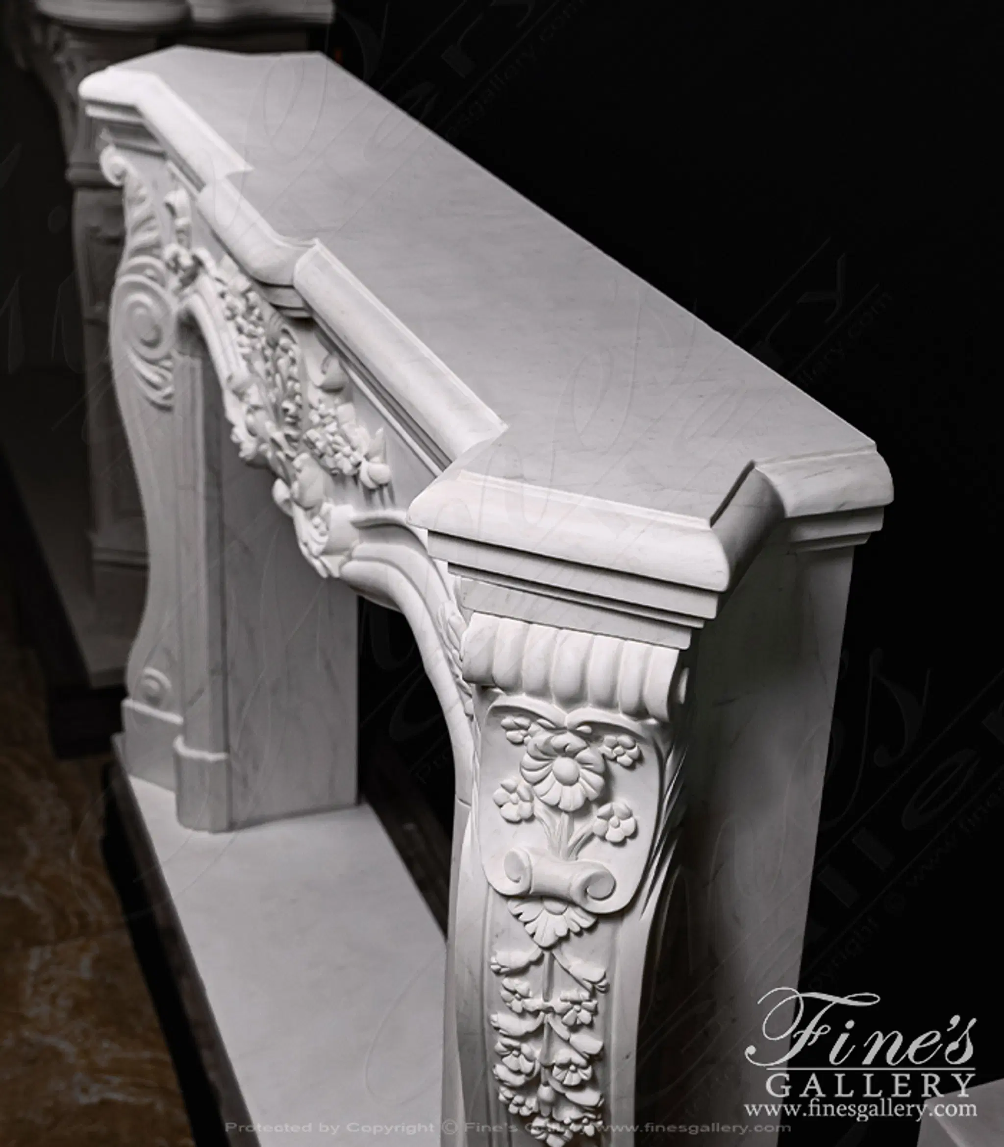 Ornate Floral Fireplace Mantel In Statuary White Marble — Model MFP-1140 — detail view 6