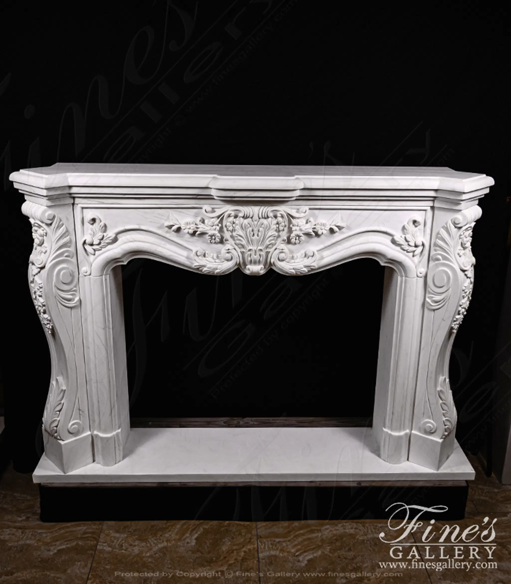 Ornate Floral Fireplace Mantel In Statuary White Marble — Model MFP-1140 — detail view 1