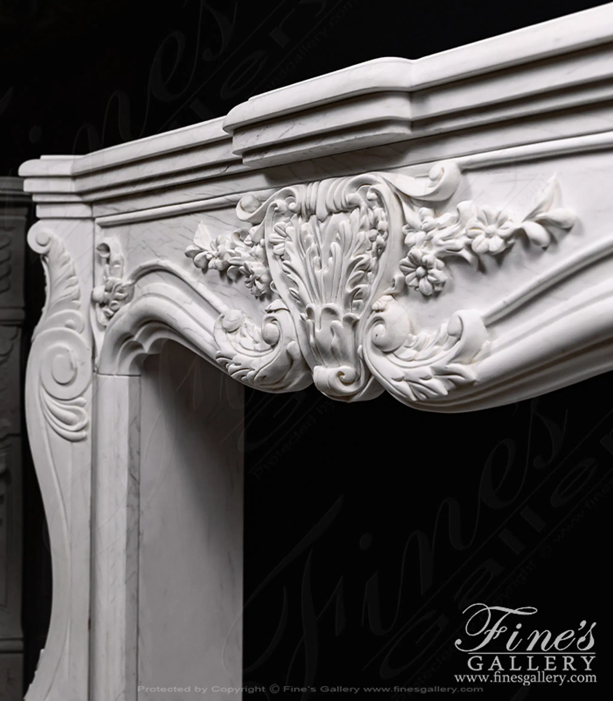 Ornate Floral Fireplace Mantel In Statuary White Marble — Model MFP-1140 — detail view 7