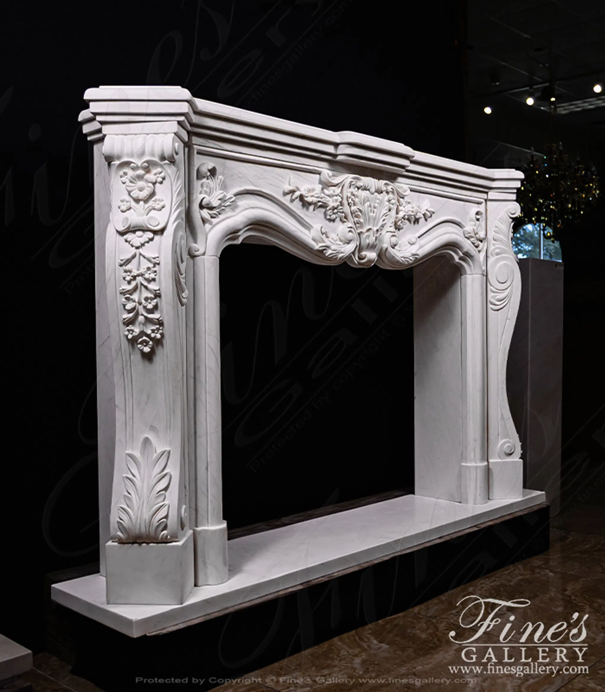 Ornate Floral Fireplace Mantel In Statuary White Marble — Model MFP-1140 — detail view 2