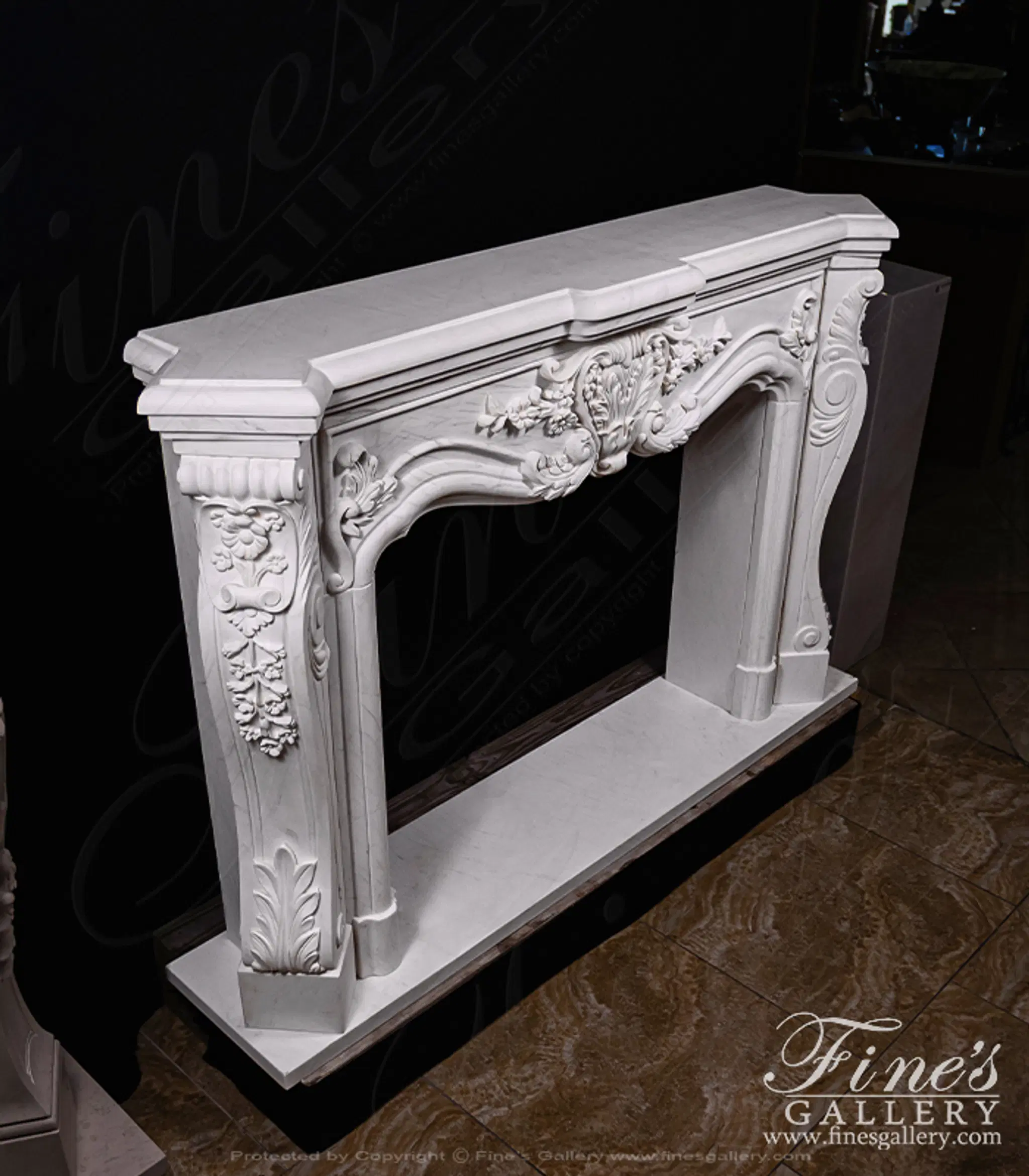 Ornate Floral Fireplace Mantel In Statuary White Marble — Model MFP-1140 — detail view 3