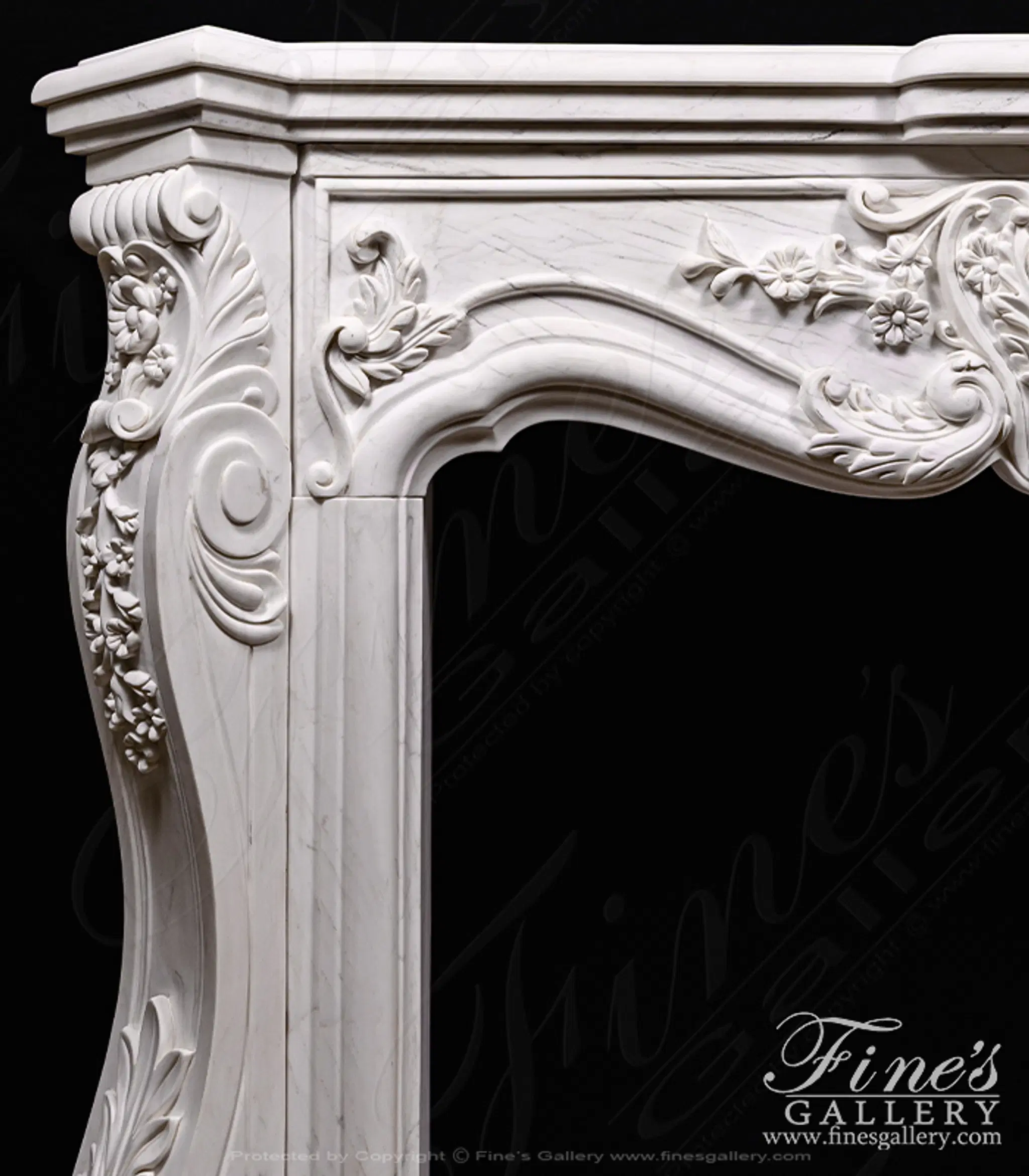 Ornate Floral Fireplace Mantel In Statuary White Marble — Model MFP-1140 — detail view 4