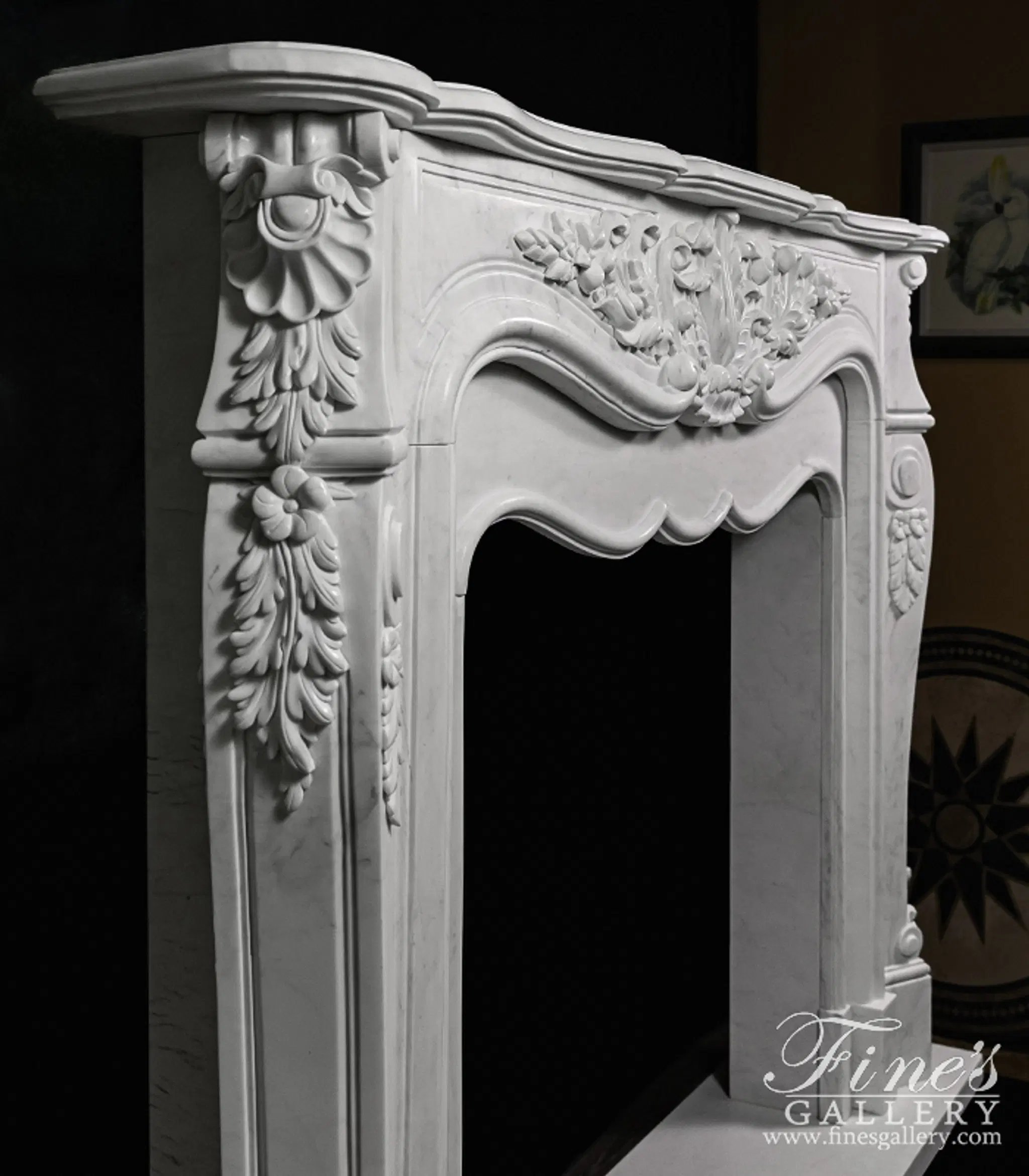 Oversized French Mantel in Statuary White Marble — Model MFP-1233 — detail view 3