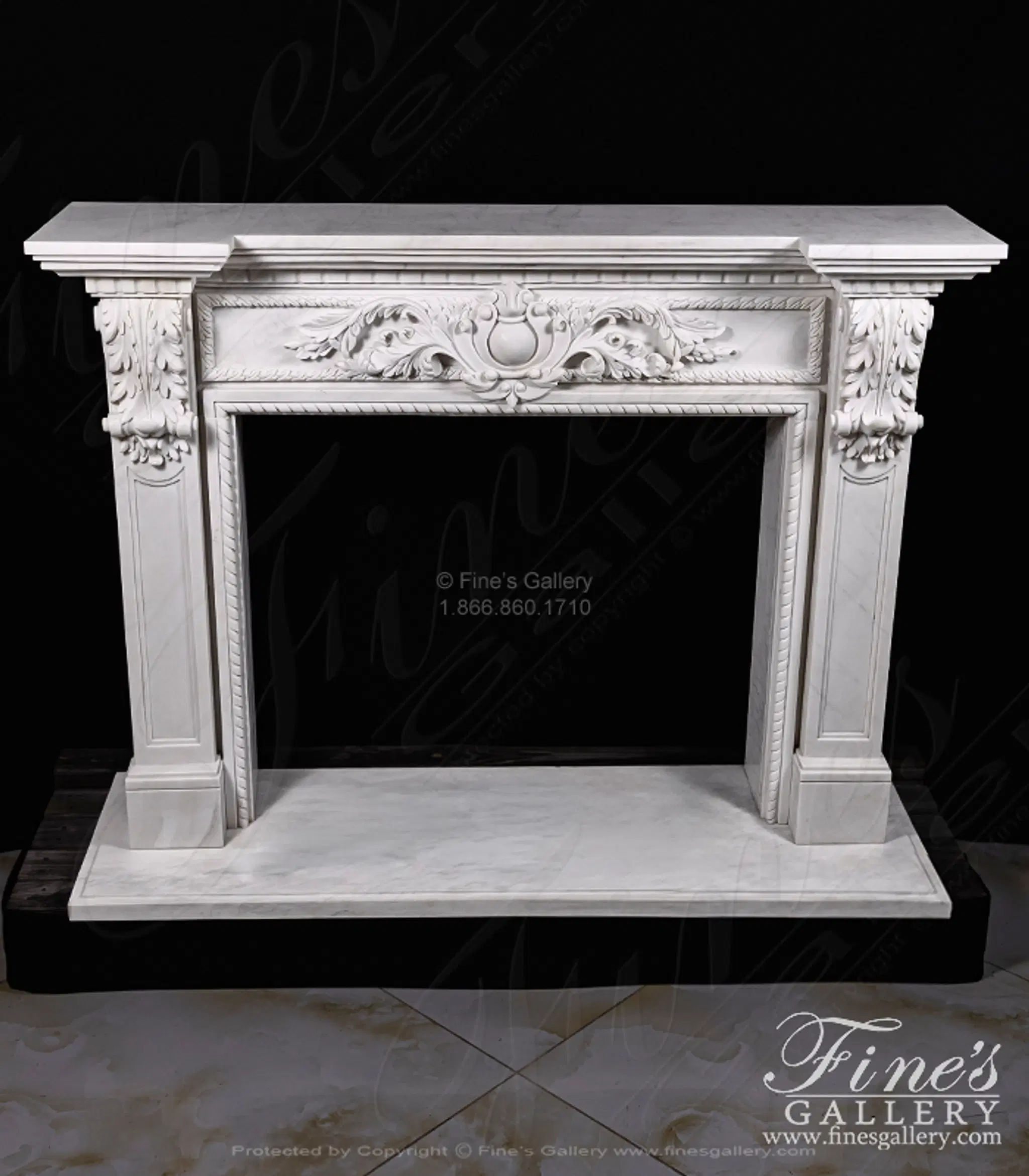 A Spectacular Carved Marble Fireplace in Statuary White Marble — Model MFP-1355 — detail view 1