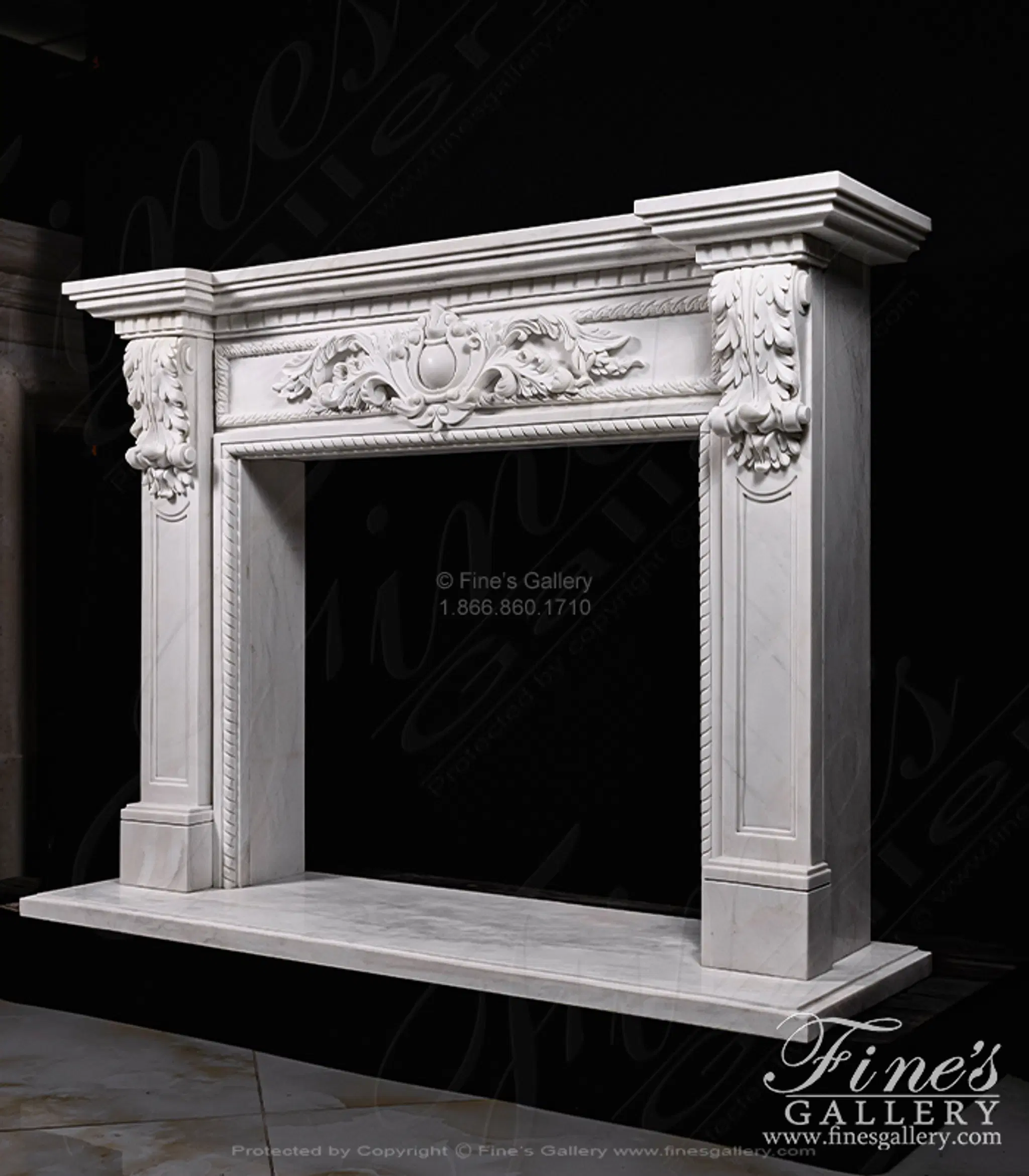 A Spectacular Carved Marble Fireplace in Statuary White Marble — Model MFP-1355 — detail view 2