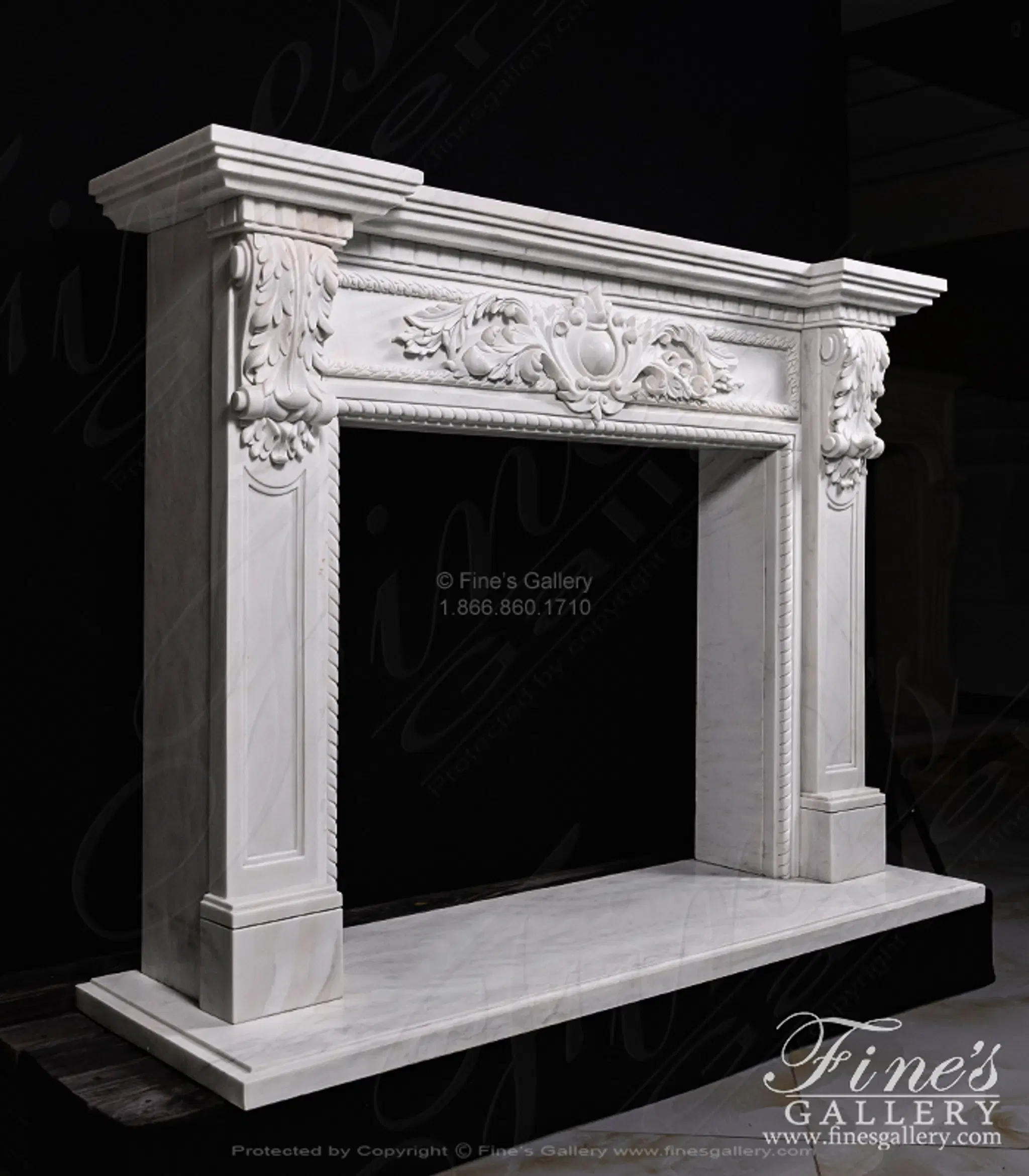 A Spectacular Carved Marble Fireplace in Statuary White Marble — Model MFP-1355 — detail view 3