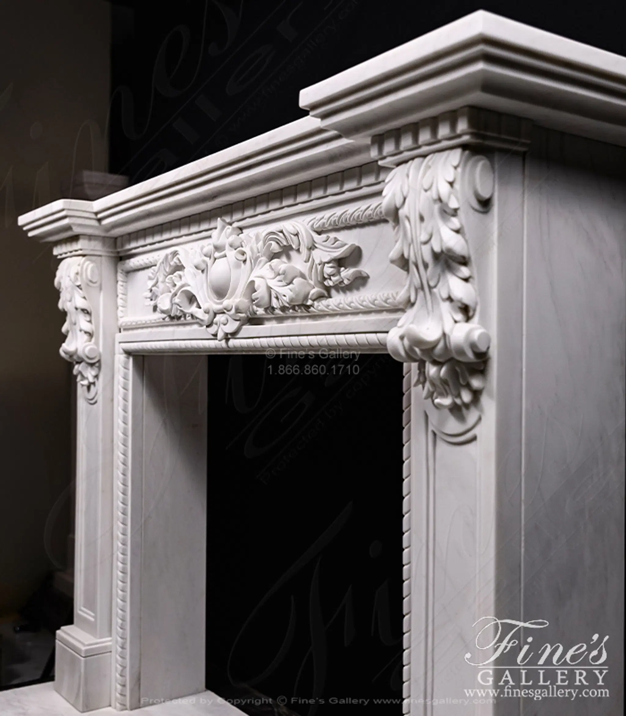 A Spectacular Carved Marble Fireplace in Statuary White Marble — Model MFP-1355 — detail view 6