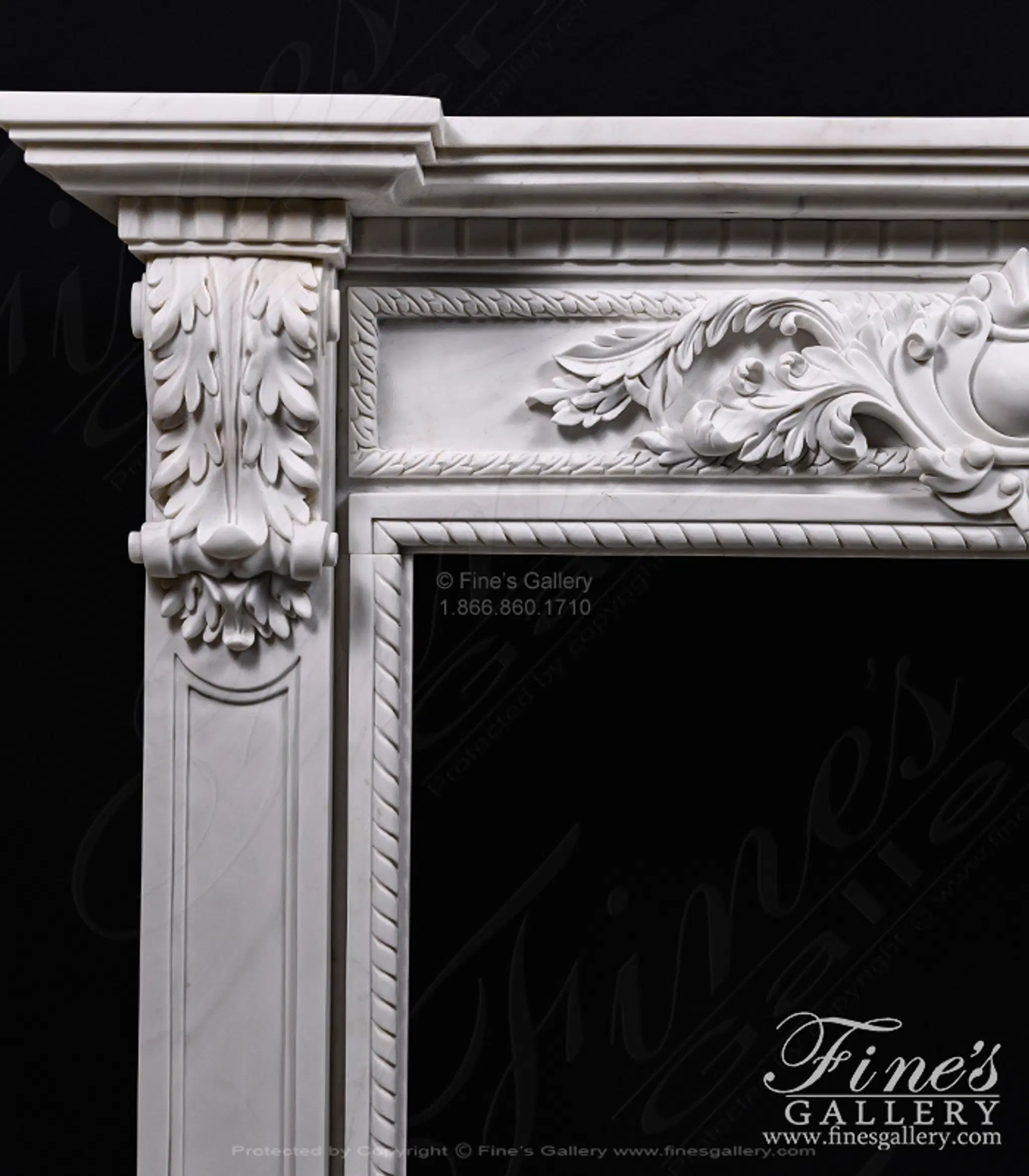 A Spectacular Carved Marble Fireplace in Statuary White Marble — Model MFP-1355 — detail view 7