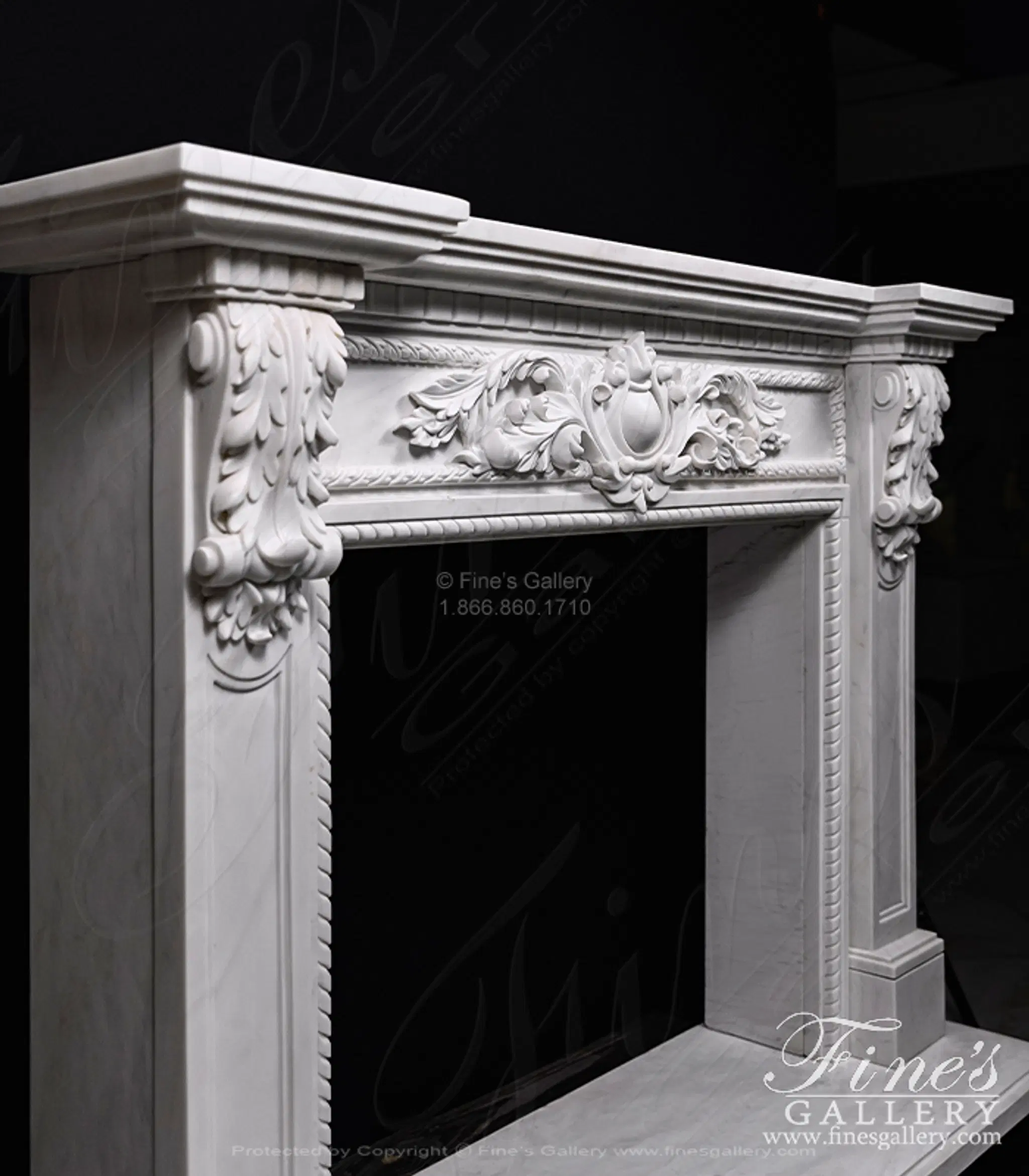 A Spectacular Carved Marble Fireplace in Statuary White Marble — Model MFP-1355 — detail view 8