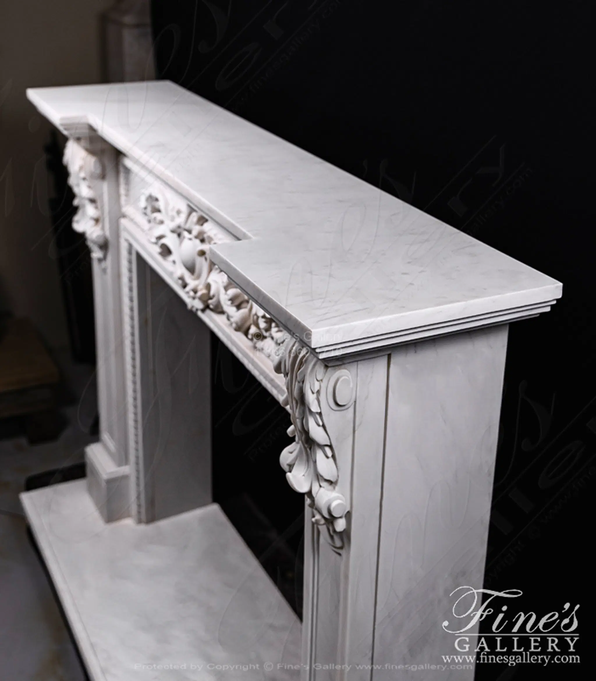 A Spectacular Carved Marble Fireplace in Statuary White Marble — Model MFP-1355 — detail view 9