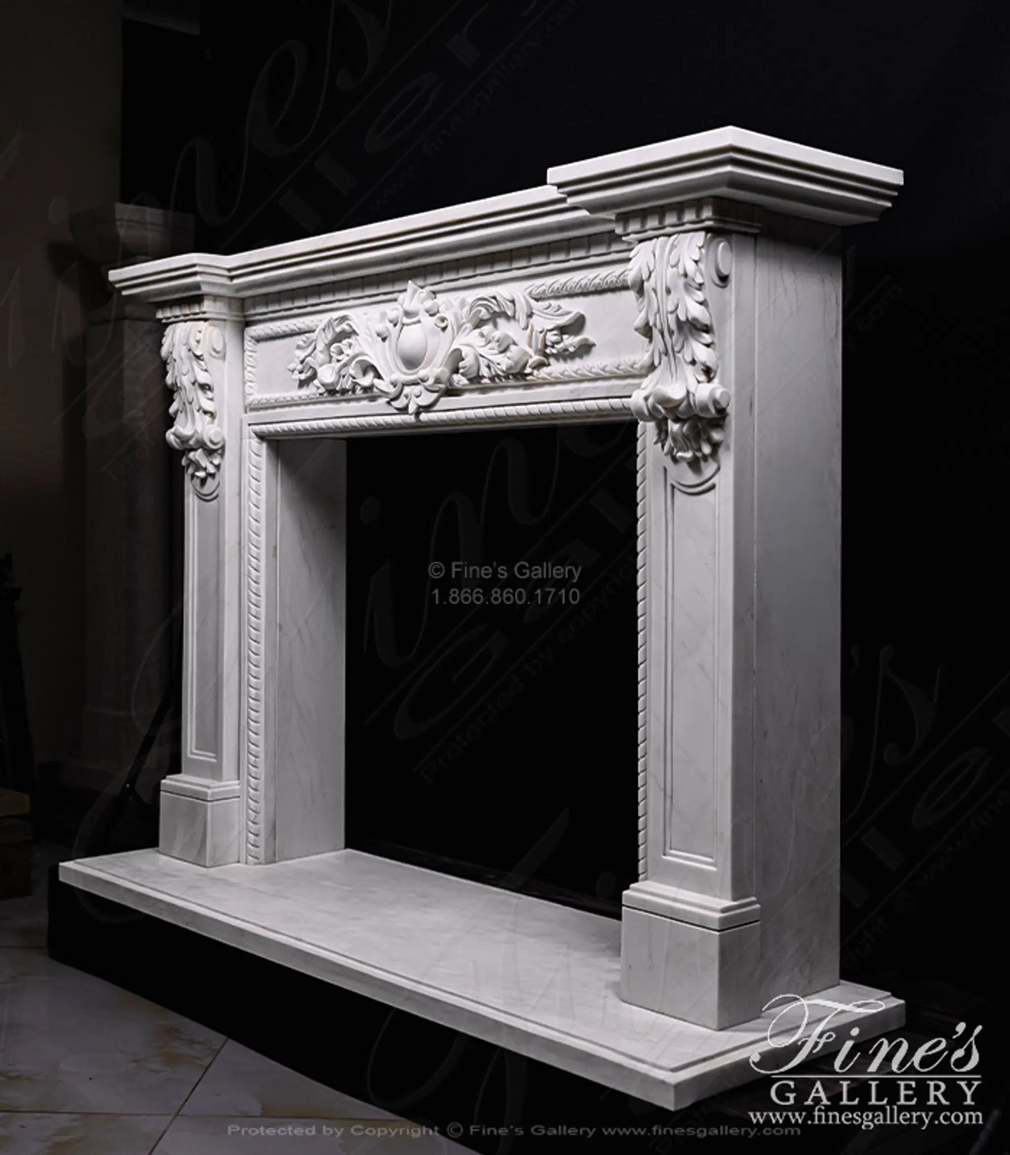 A Spectacular Carved Marble Fireplace in Statuary White Marble — Model MFP-1355 — detail view 10