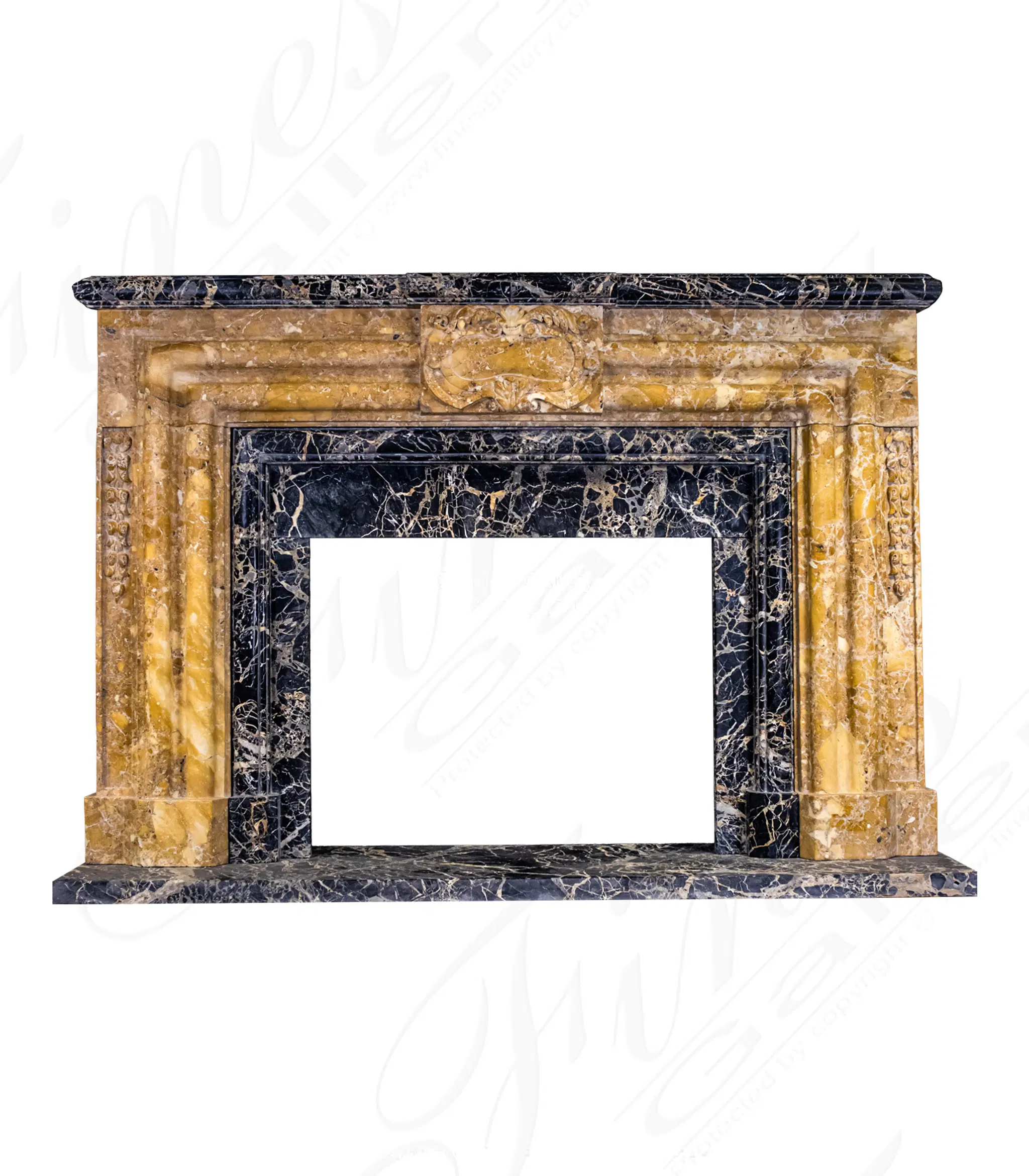 Ornate Bolection Surround in Italian Nuvolato Etrusco & Nero Portoro Marble — Model MFP-1445 — Hand-Crafted by Fine's Gallery