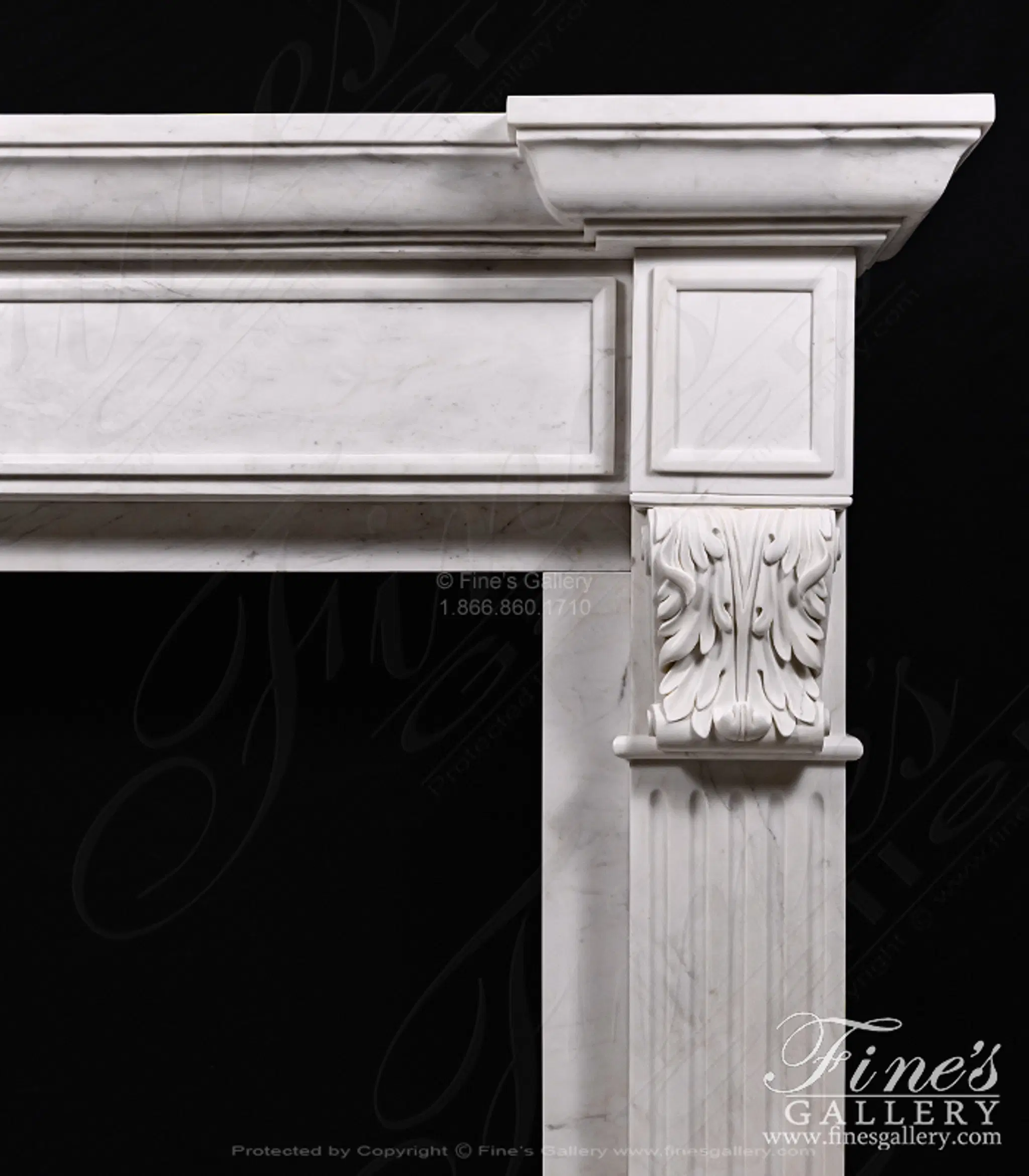 Classic Statuary White Marble Fireplace Mantel — Model MFP-1557 — detail view 3