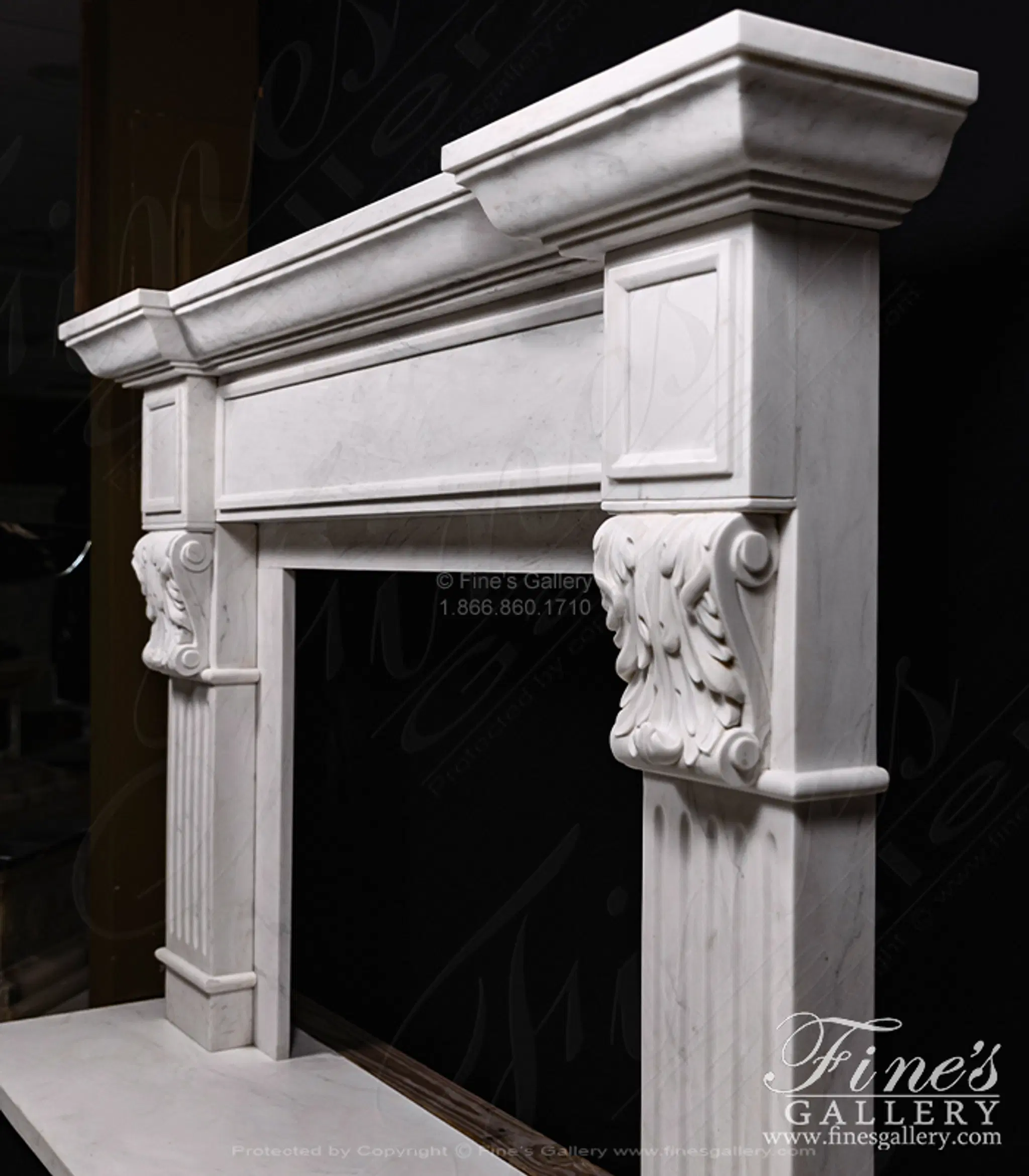 Classic Statuary White Marble Fireplace Mantel — Model MFP-1557 — detail view 4