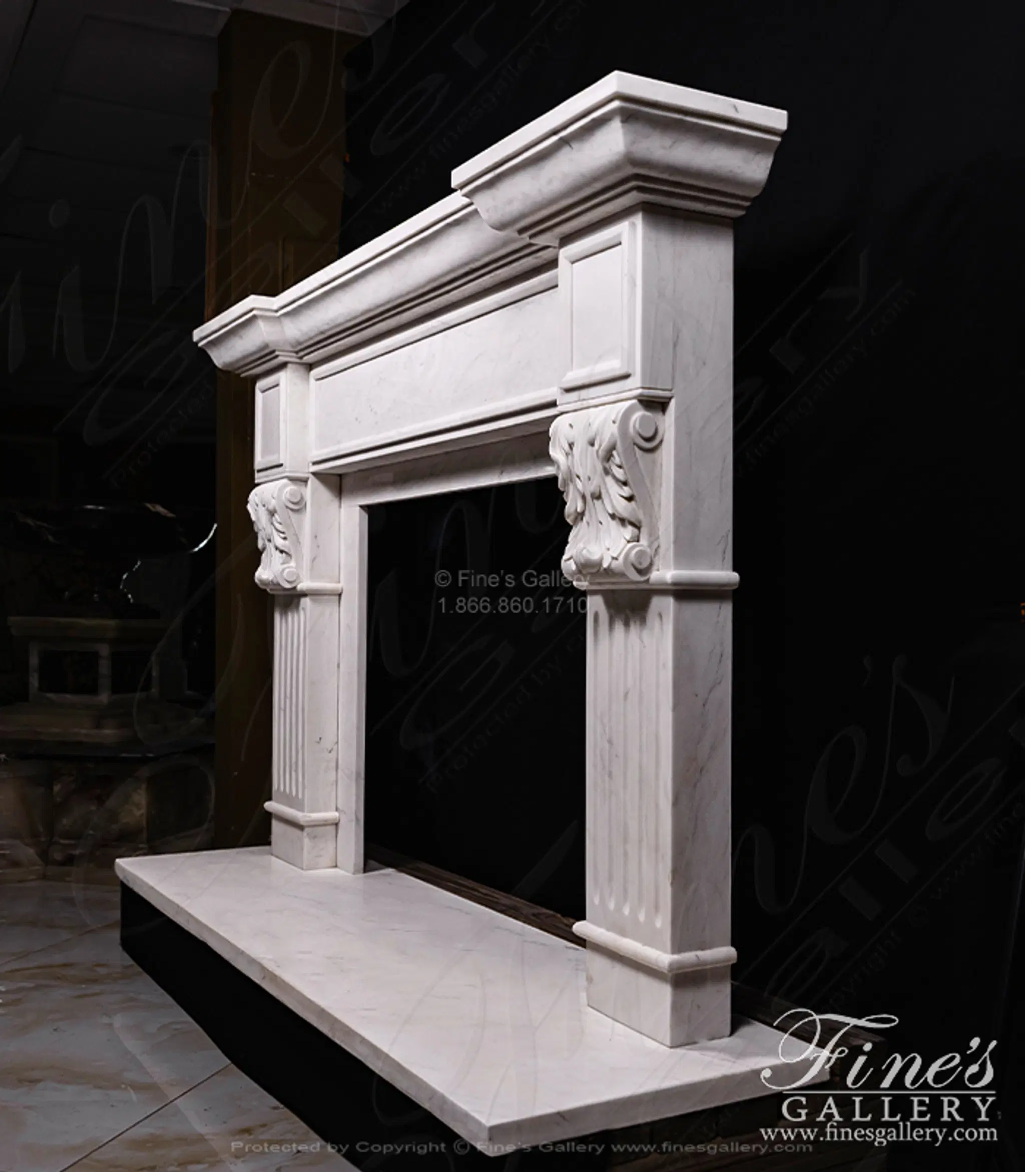 Classic Statuary White Marble Fireplace Mantel — Model MFP-1557 — detail view 5