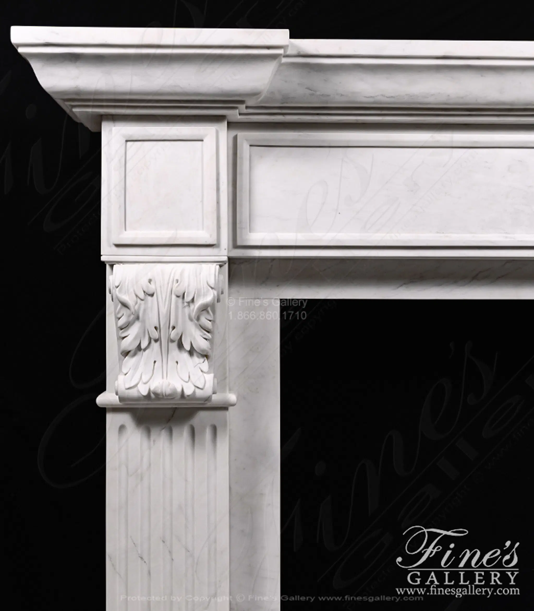 Classic Statuary White Marble Fireplace Mantel — Model MFP-1557 — detail view 1