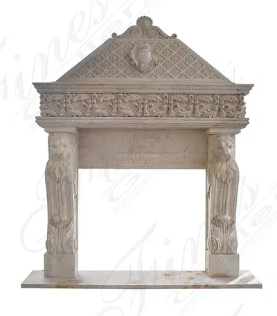 Lion Themed Mantel with Overmantel in Light Travertine