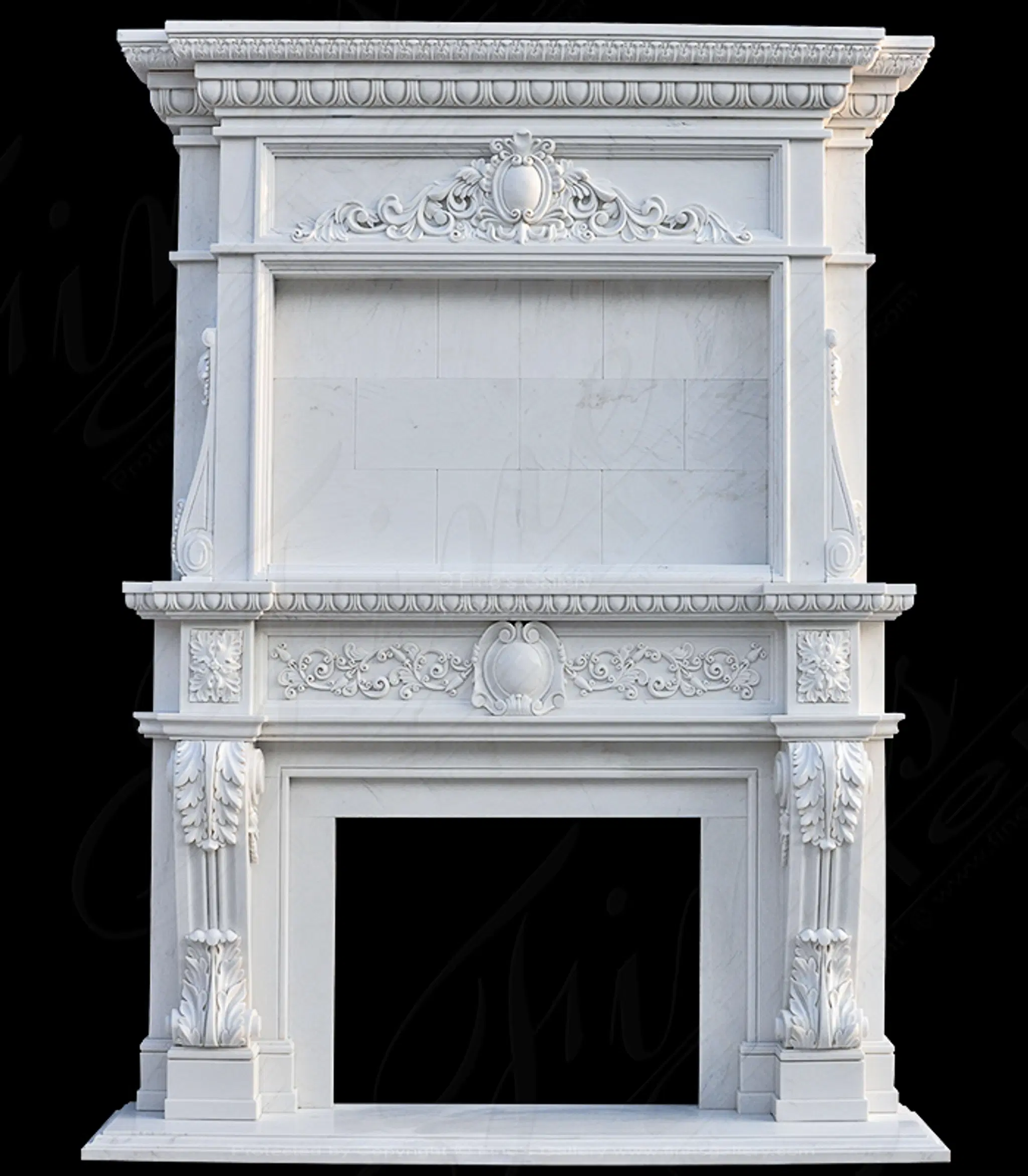 Classic Overmantel In Statuary White Marble — Model MFP-1820 — Hand-Crafted by Fine's Gallery