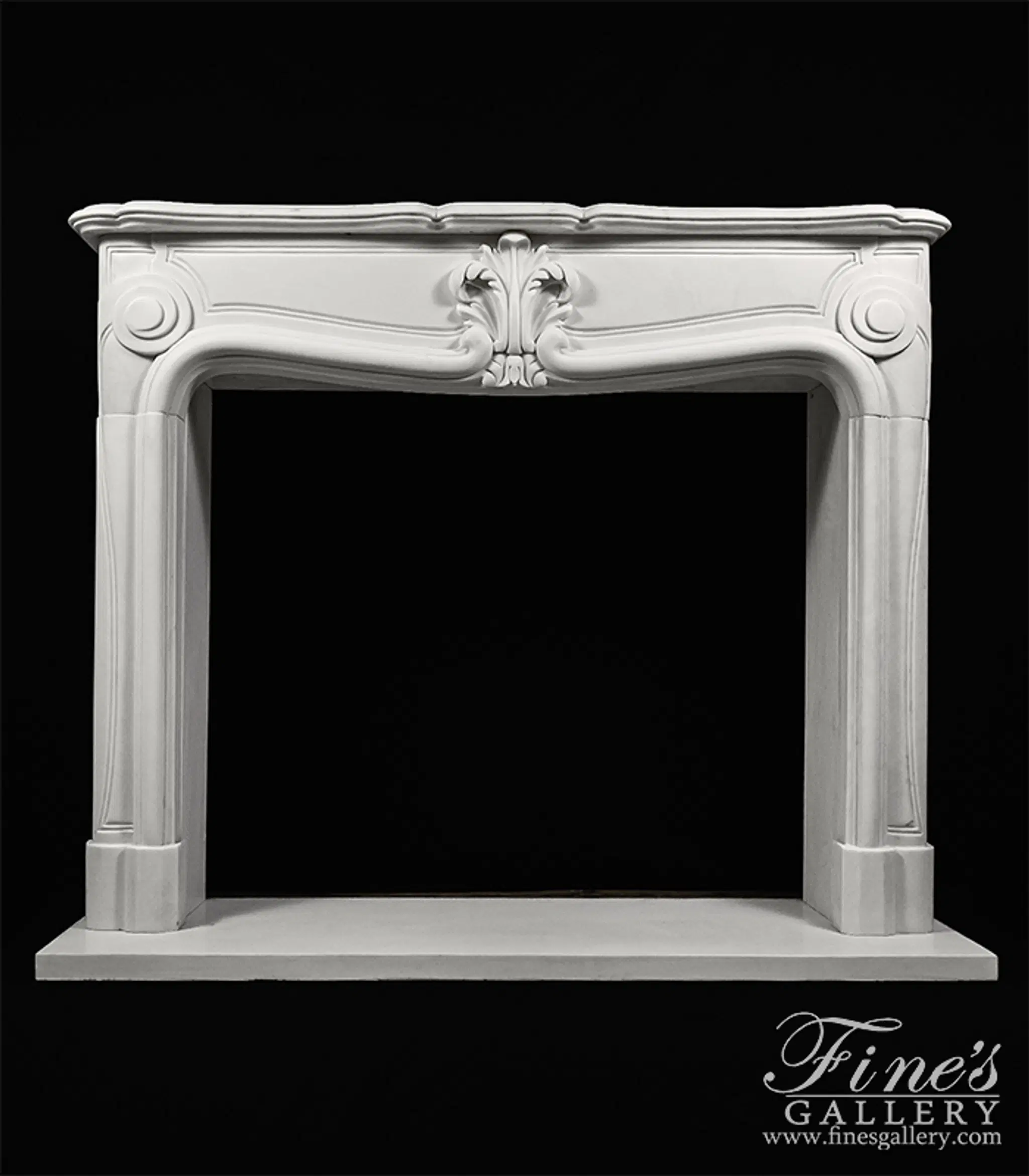 Pristine White French Style Marble Fireplace Mantel — Model MFP-1897 — Hand-Crafted by Fine's Gallery