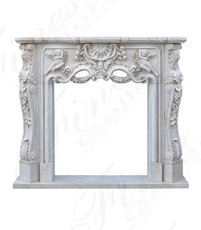 Winged Cherubs Carved Marble Mantel in Botticino Forito Italian Marble