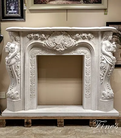 Stunning Hand Carved Lady Devine Marble Mantel in Italian Botticino Marble
